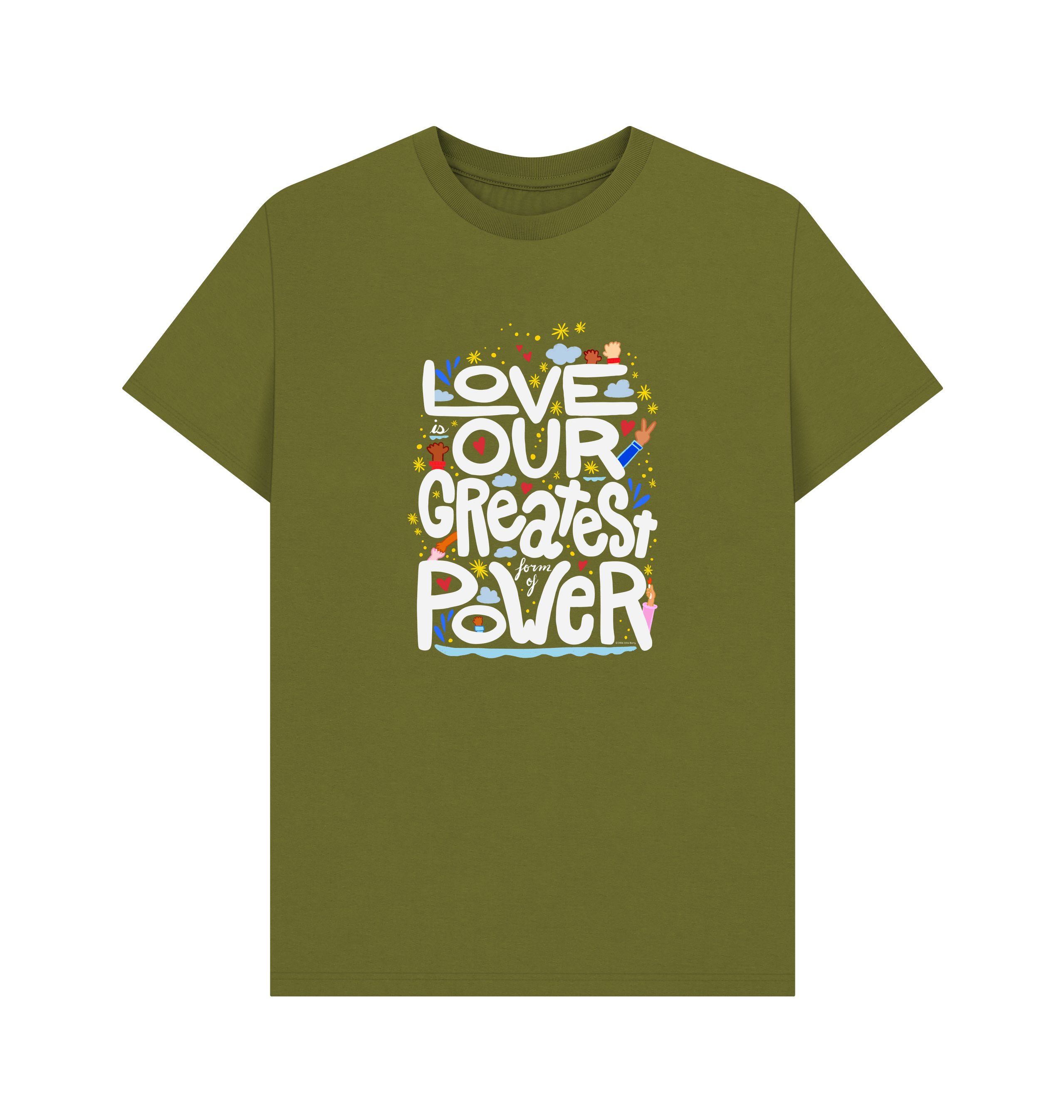 "Love is Our Greatest Form of Power" Organic Cotton Eco T-Shirt (Adult - White Text - Assorted Dark Colors)