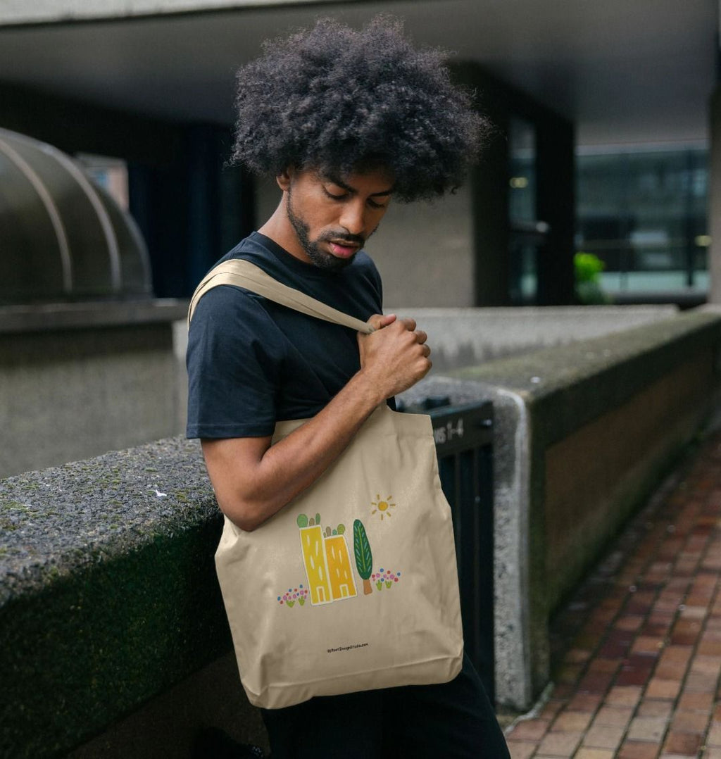 "Green Cities" 100% Organic Cotton Grocery Tote Bag w. Colorful Apartment Buildings, Rooftop Garden, Sun, Tree & Flowers