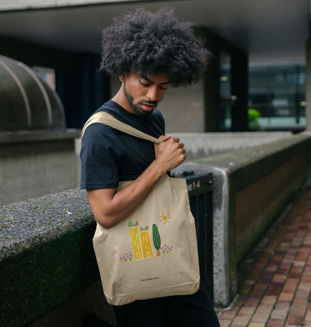 "Green Cities" 100% Organic Cotton Grocery Tote Bag w. Colorful Apartment Buildings, Rooftop Garden, Sun, Tree & Flowers