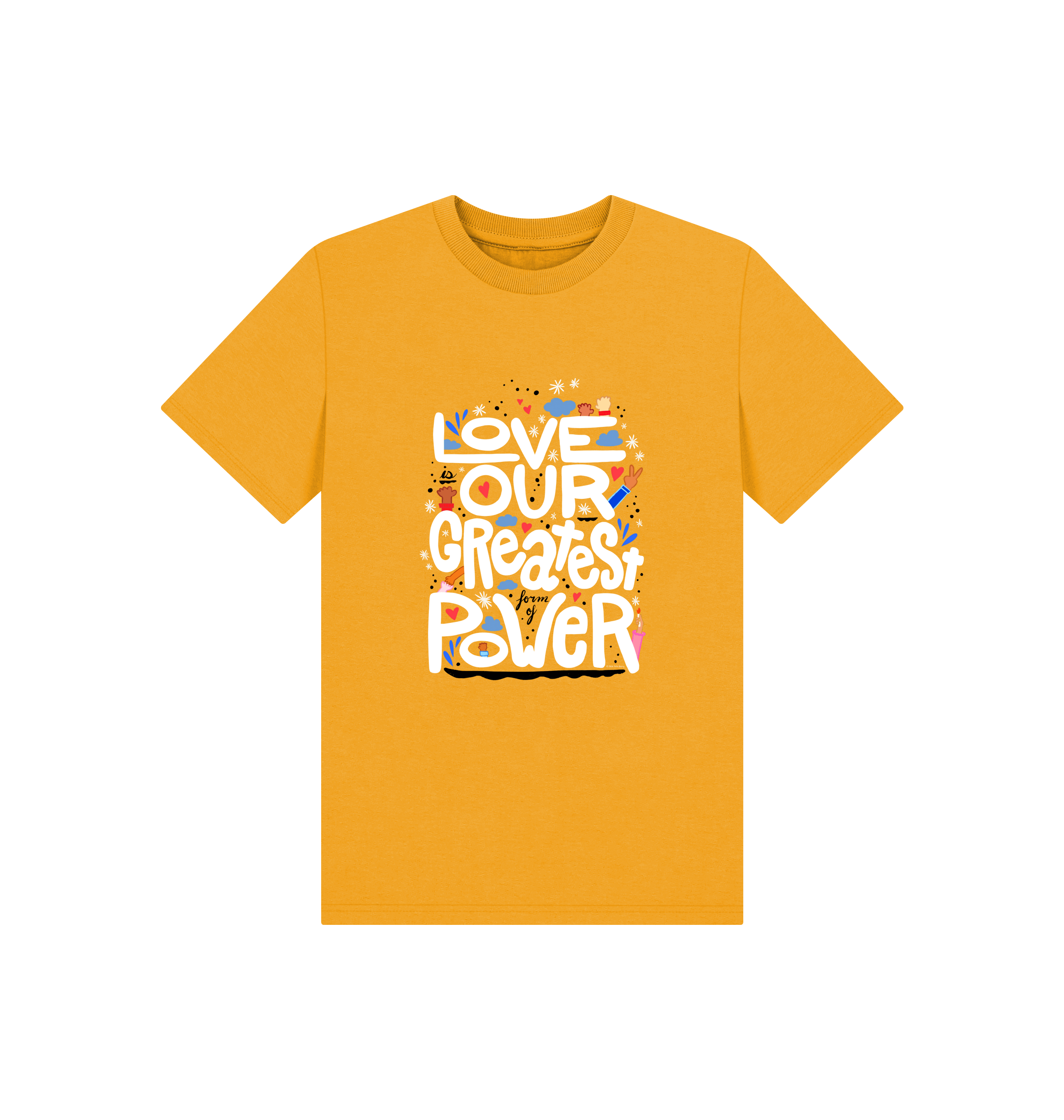 "Love is Our Greatest Form of Power" Organic Eco T-Shirt (Kids - White Text - Assorted Confetti Colors)
