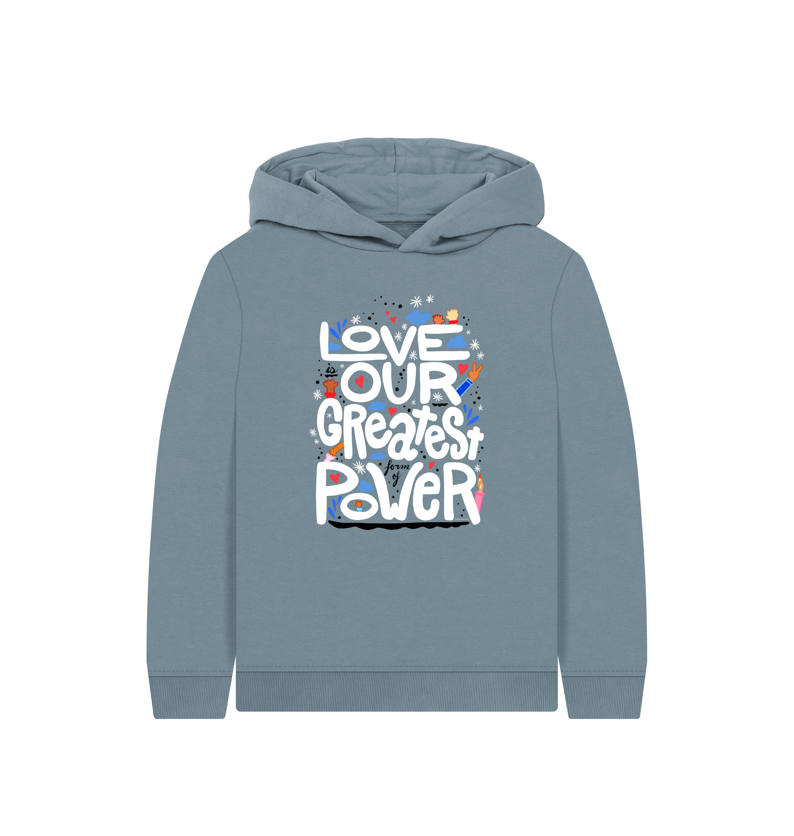"Love is Our Greatest Form of Power" Organic Eco Hoodie (Kids - White Text - Assorted Confetti Colors)