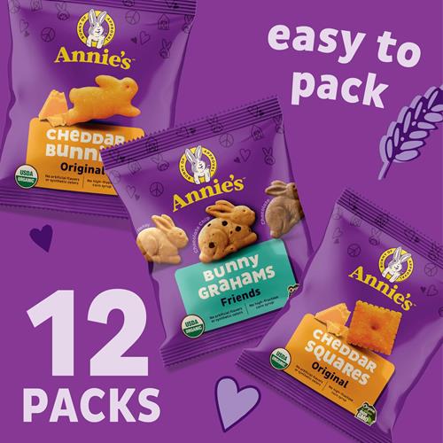 Annies Organic Variety Pack, Cheddar Bunnies, Bunny Grahams And Cheddar Squares, 12 Pouches, 11 Oz