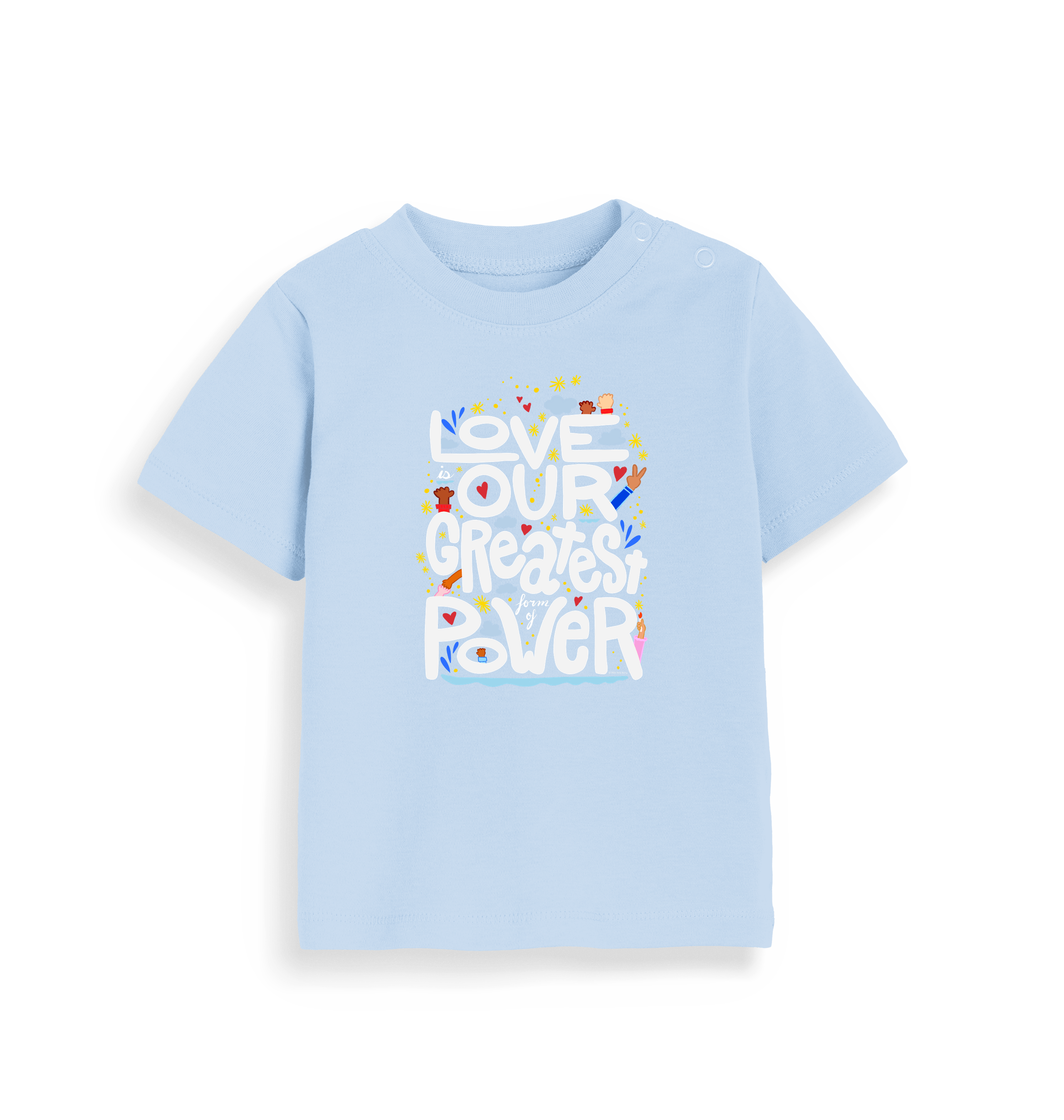 "Love is Our Greatest Form of Power" Organic Eco Baby Tee T-Shirt (Kids - White Text - Assorted Pastel Colors)