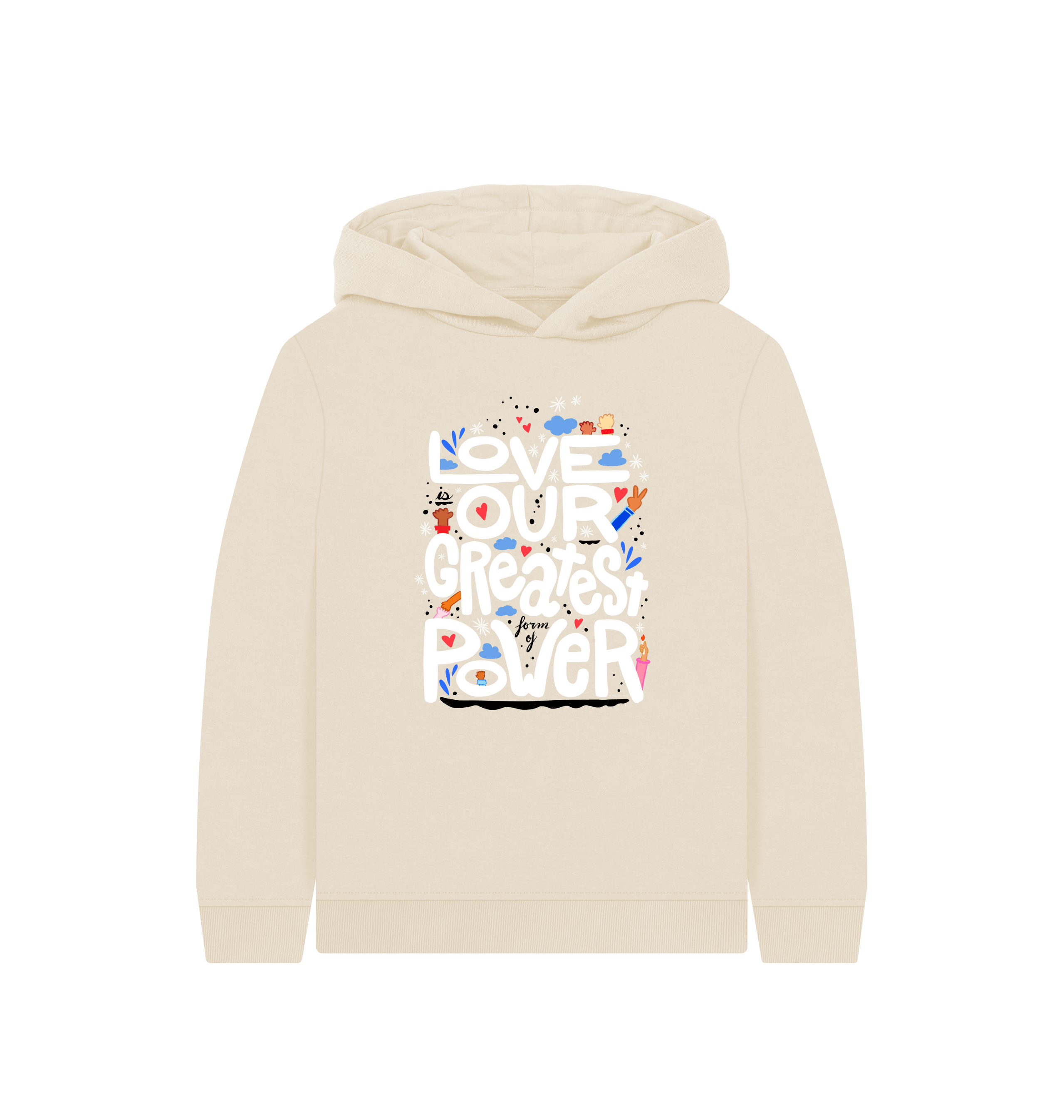 "Love is Our Greatest Form of Power" Organic Eco Hoodie (Kids - White Text - Assorted Confetti Colors)