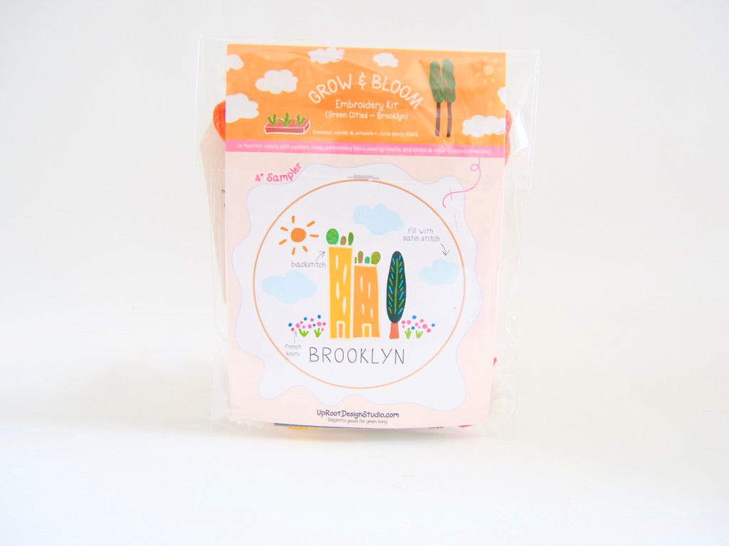 "Brooklyn" Green Cities Eco-Embroidery Kit w. Apartment Gardens, Flowers, Clouds, Tree & Sun 4" Sampler (Joyful Threads Grow & Bloom)