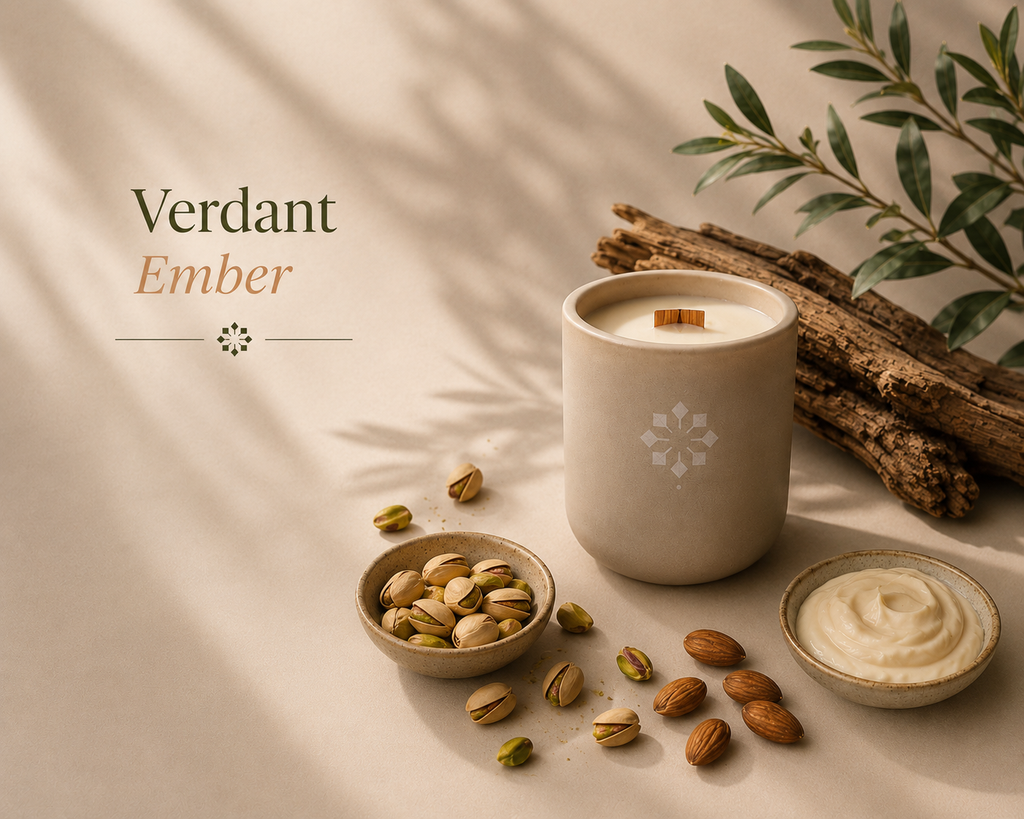 Verdant Ember Wellness Candle | Luxury Pistachio & Almond Cream Candle | Cozywaste