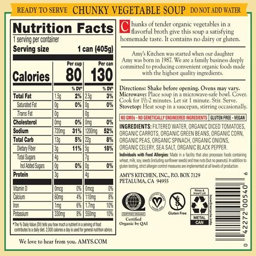 Amy’S Soup, Vegan Chunky Vegetable Soup, Gluten Free, Made With Organic Vegetables, Canned Soup, 14.3 Oz