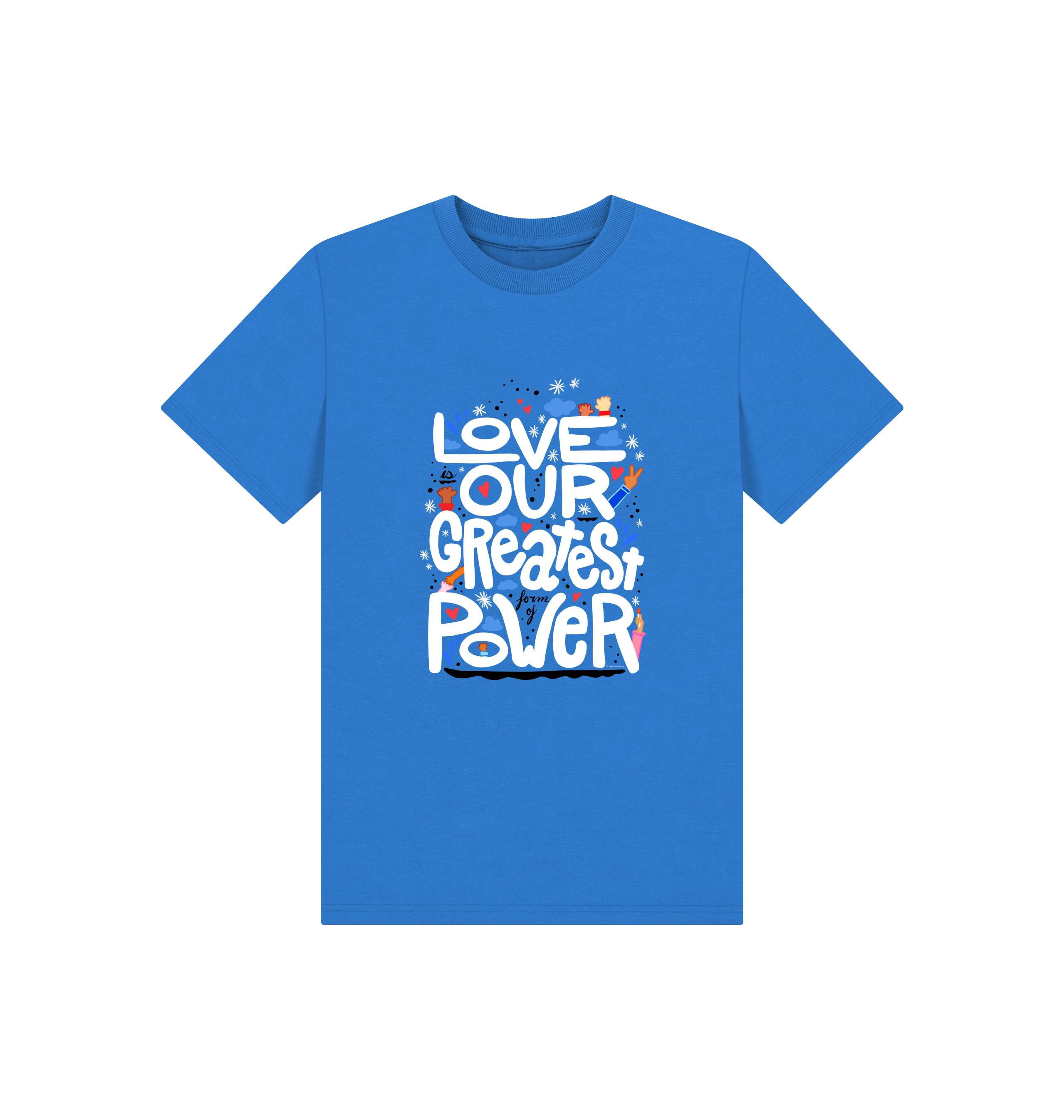 "Love is Our Greatest Form of Power" Organic Eco T-Shirt (Kids - White Text - Assorted Confetti Colors)