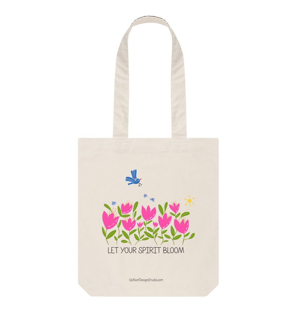 "Let Your Spirit Bloom" 100% Organic Cotton Grocery Tote Bag w. Breezy Tulip Flowers, Blue Bird & Sun