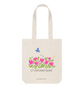 "Let Your Spirit Bloom" 100% Organic Cotton Grocery Tote Bag w. Breezy Tulip Flowers, Blue Bird & Sun
