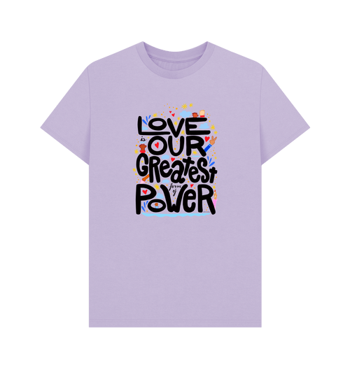 "Love is Our Greatest Form of Power" Organic Cotton Eco T-Shirt (Adult - Black Text - Assorted Light Colors)