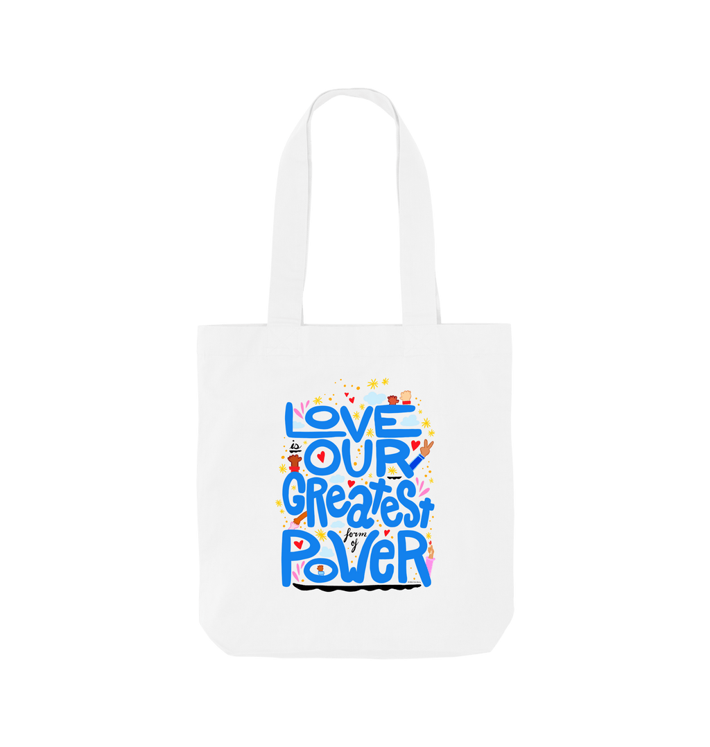 "Love is Our Greatest Form of Power" 100% Organic Cotton Grocery Tote Bag (Blue Text)