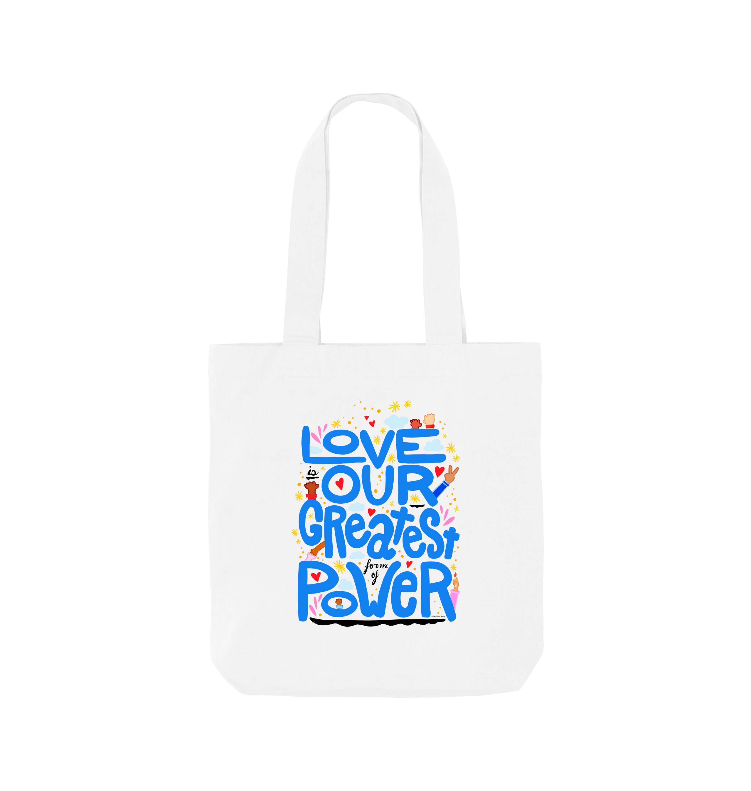 "Love is Our Greatest Form of Power" 100% Organic Cotton Grocery Tote Bag (Blue Text)