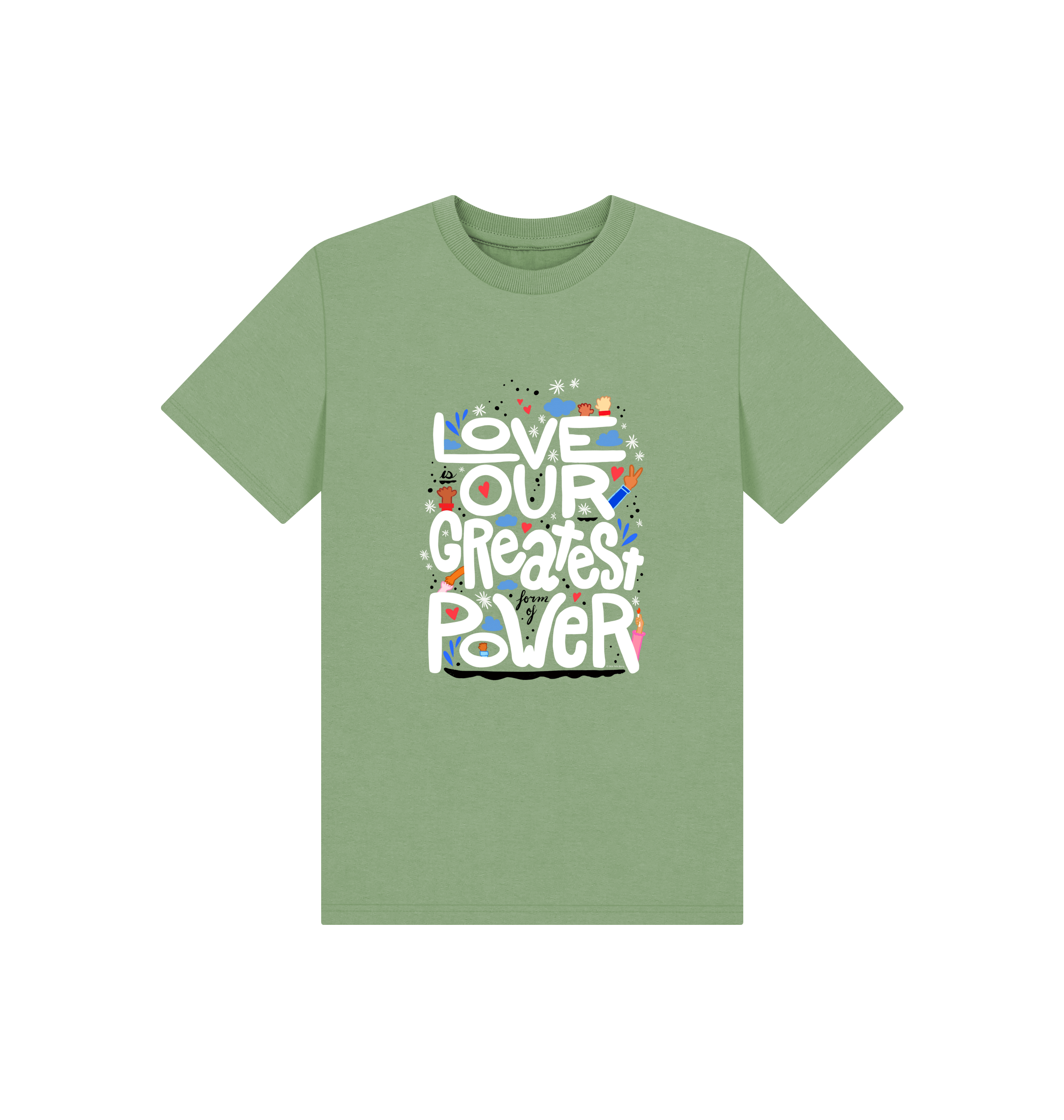 "Love is Our Greatest Form of Power" Organic Eco T-Shirt (Kids - White Text - Assorted Confetti Colors)