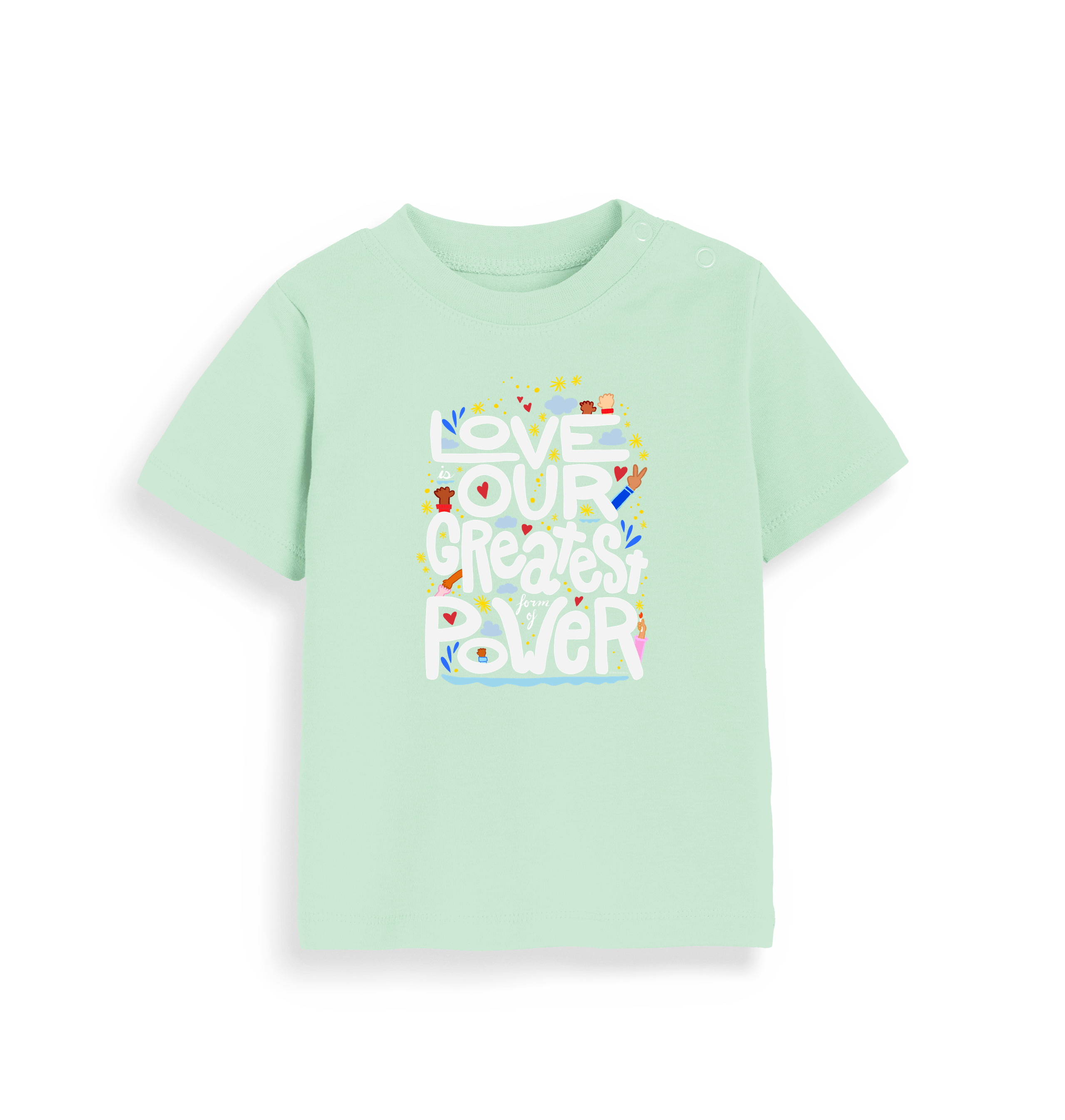 "Love is Our Greatest Form of Power" Organic Eco Baby Tee T-Shirt (Kids - White Text - Assorted Pastel Colors)