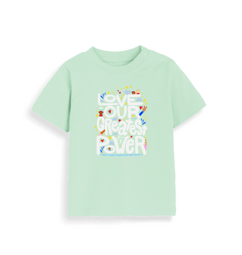 "Love is Our Greatest Form of Power" Organic Eco Baby Tee T-Shirt (Kids - White Text - Assorted Pastel Colors)