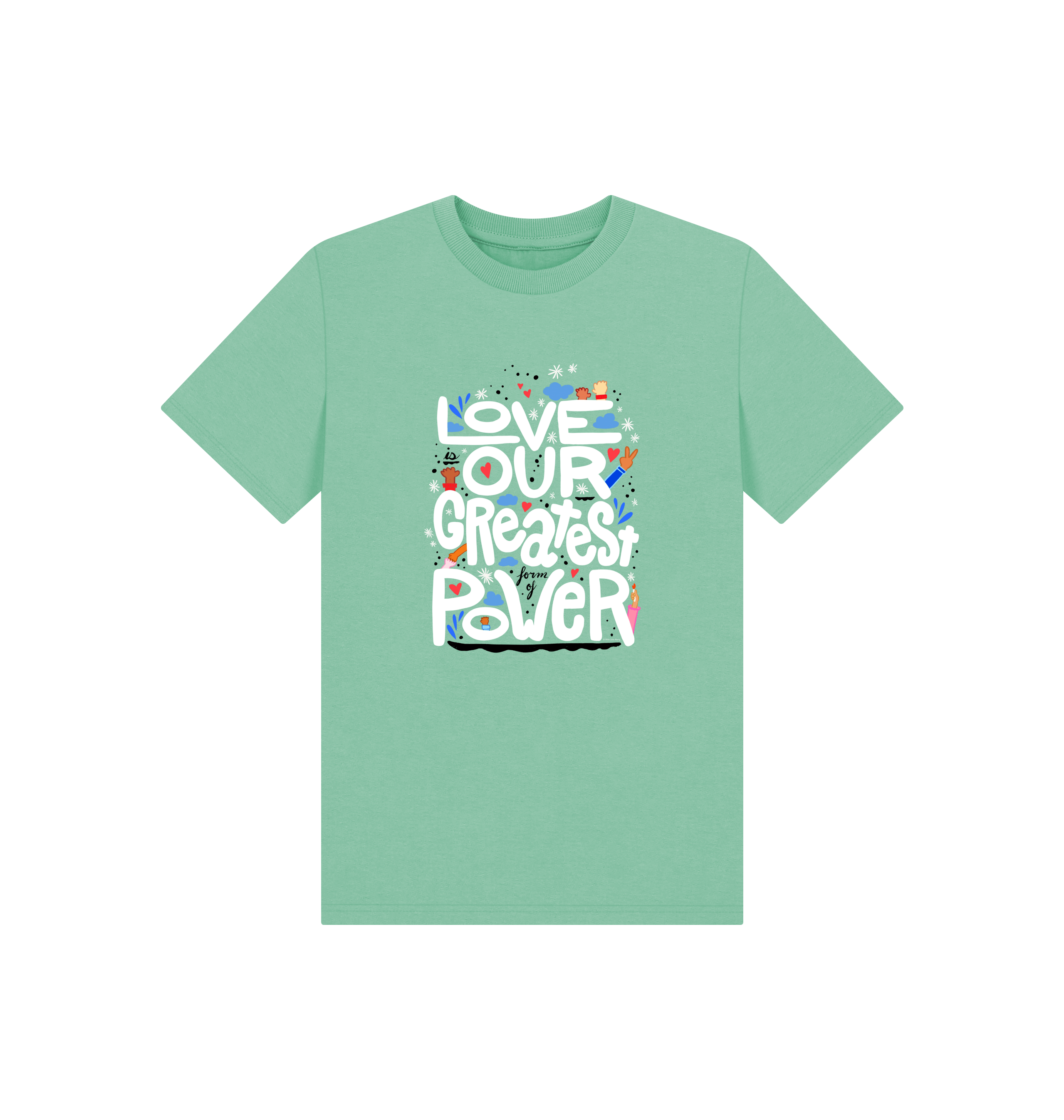"Love is Our Greatest Form of Power" Organic Eco T-Shirt (Kids - White Text - Assorted Confetti Colors)