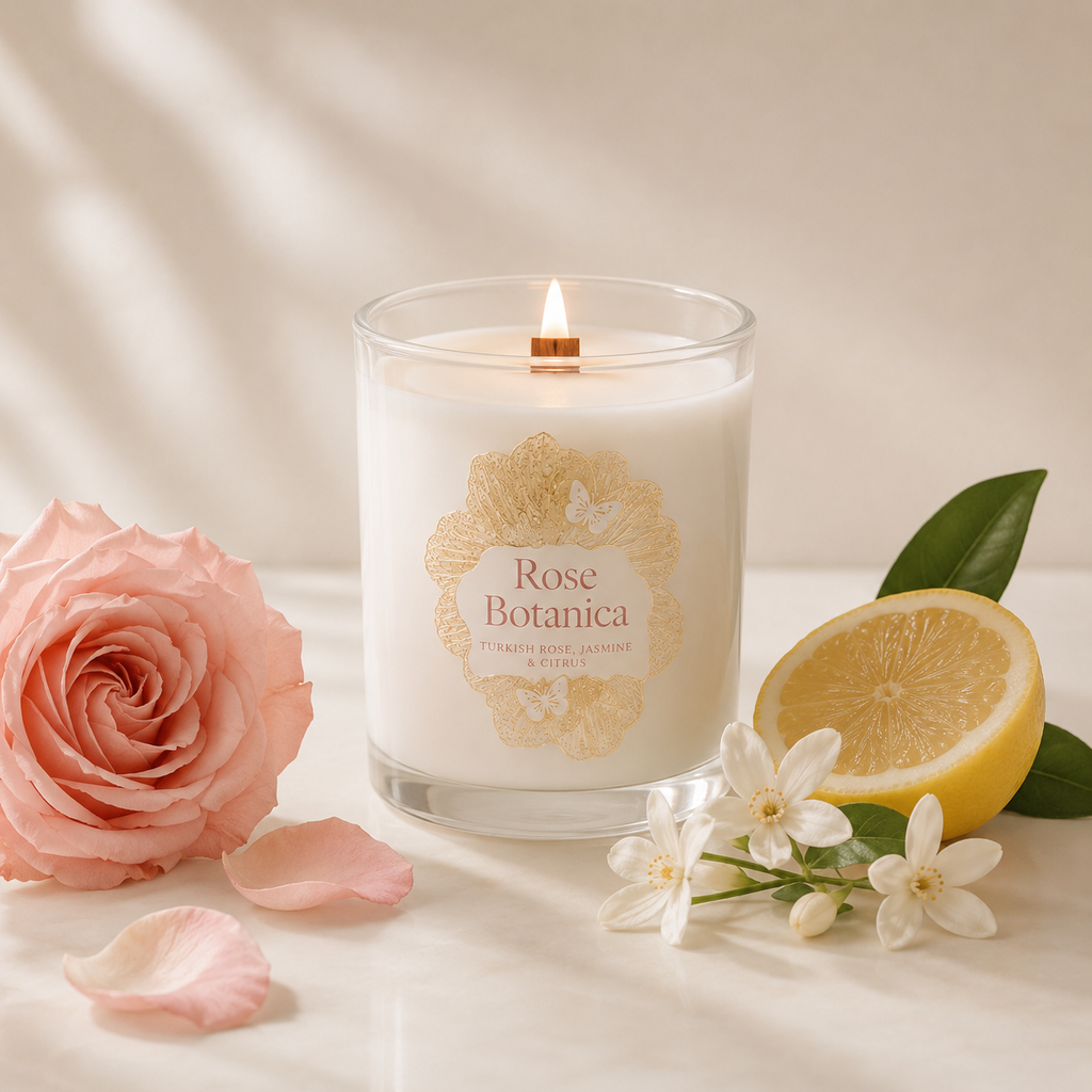 Rose Botanica Luxury Soy Candle | Turkish Rose, Jasmine & Citrus | Wooden Wick | 8 oz | Cozywaste