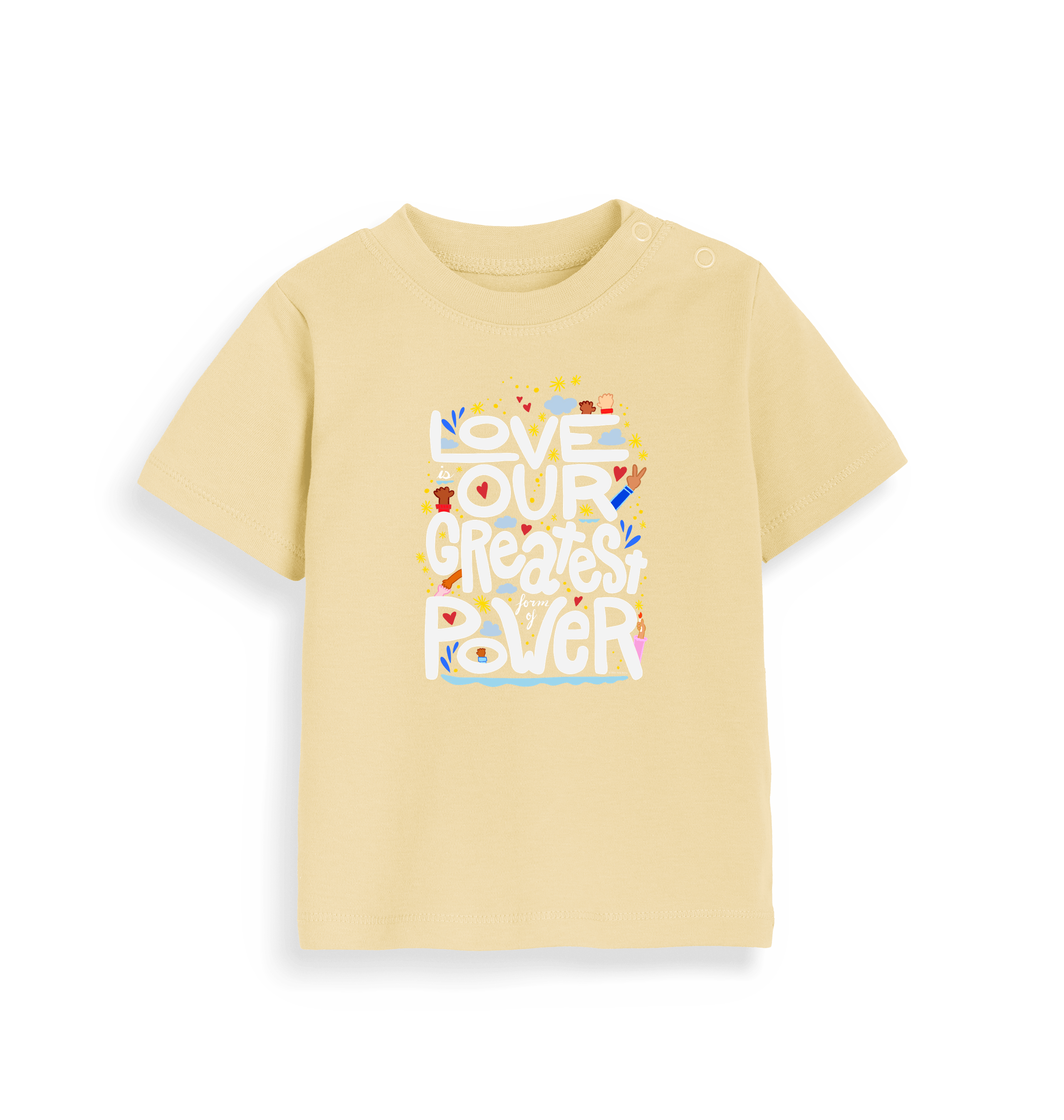 "Love is Our Greatest Form of Power" Organic Eco Baby Tee T-Shirt (Kids - White Text - Assorted Pastel Colors)