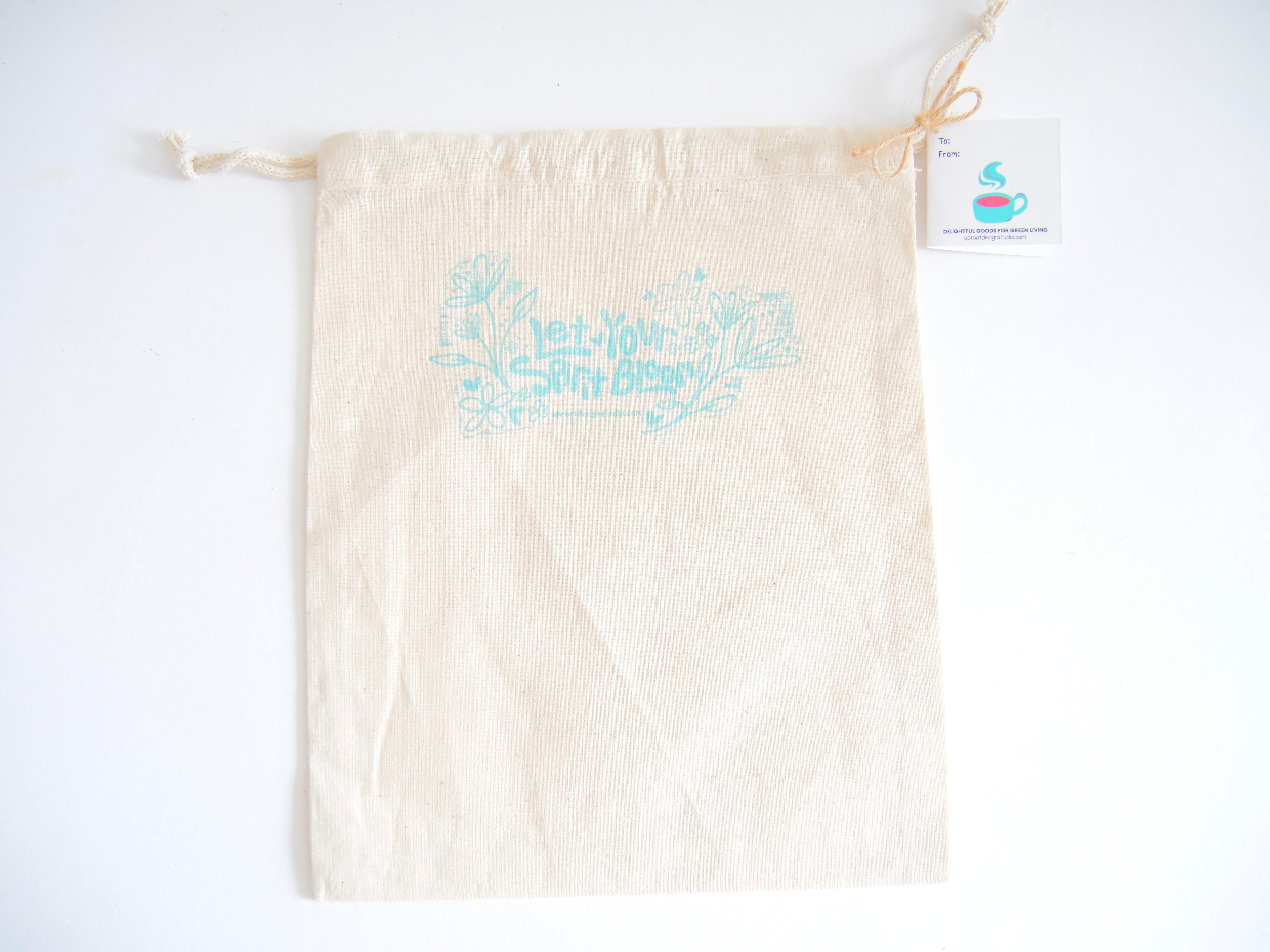 Fabric Gift Bag: UpRoot 100% Organic Cotton Double Cinch Fabric Gift Bags "Let Your Spirit Bloom" Stamp in Aqua, Black or Green