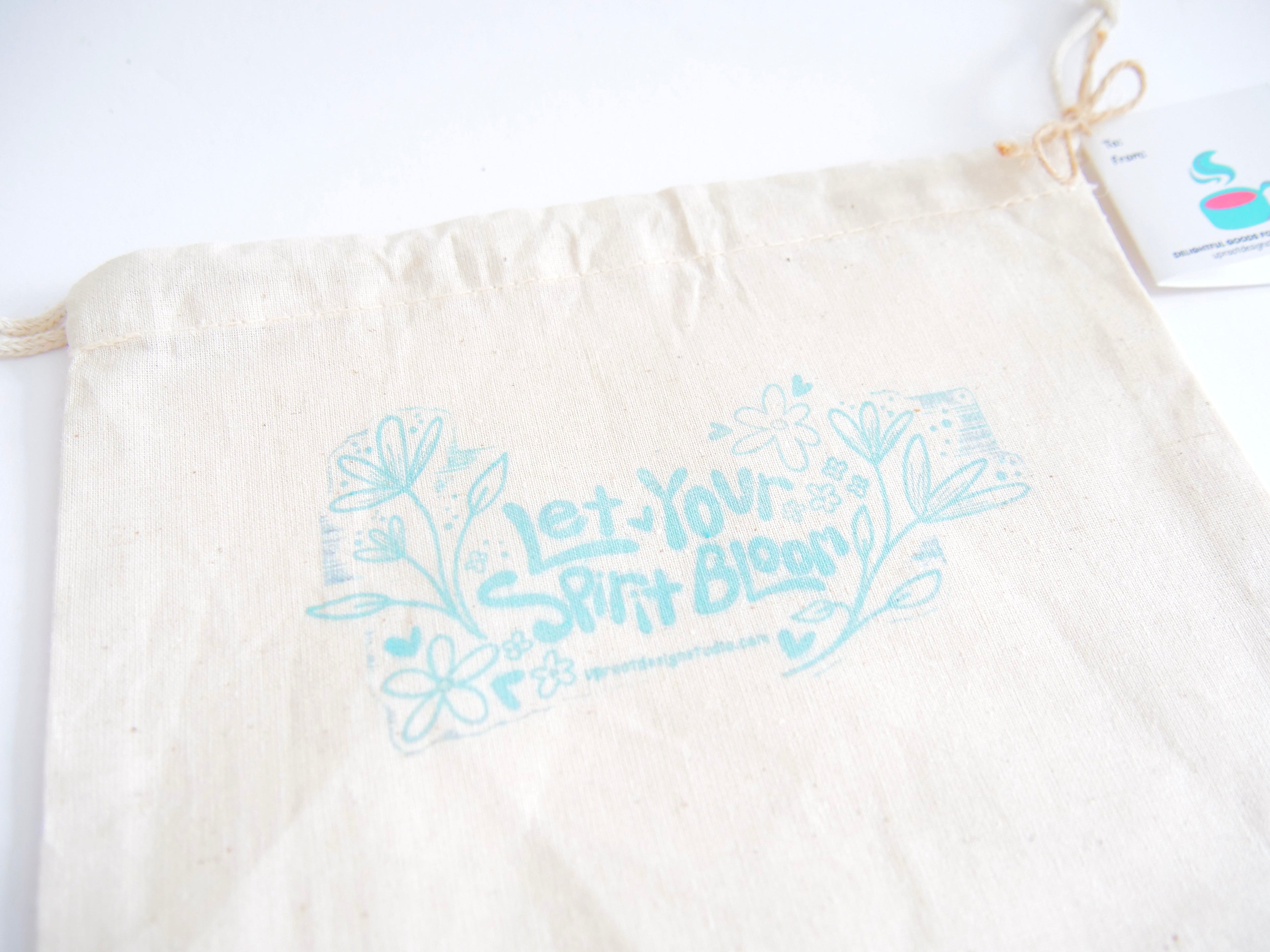 Fabric Gift Bag: UpRoot 100% Organic Cotton Double Cinch Fabric Gift Bags "Let Your Spirit Bloom" Stamp in Aqua, Black or Green