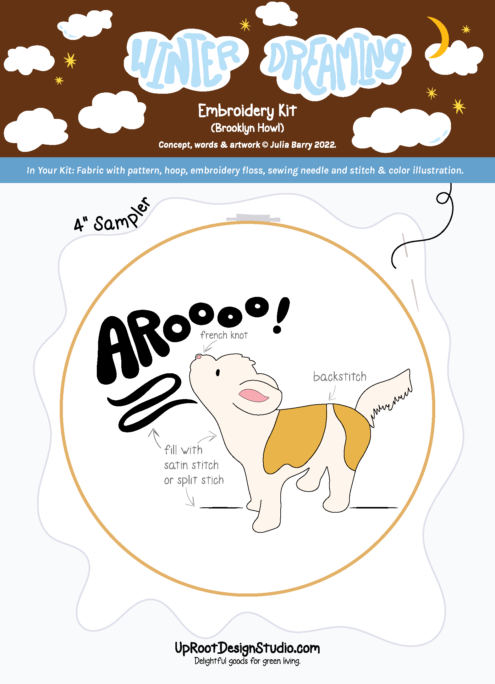 "Aroo!" Adorable Howling Dog Eco-Embroidery Kit (Joyful Threads Winter Dreaming)