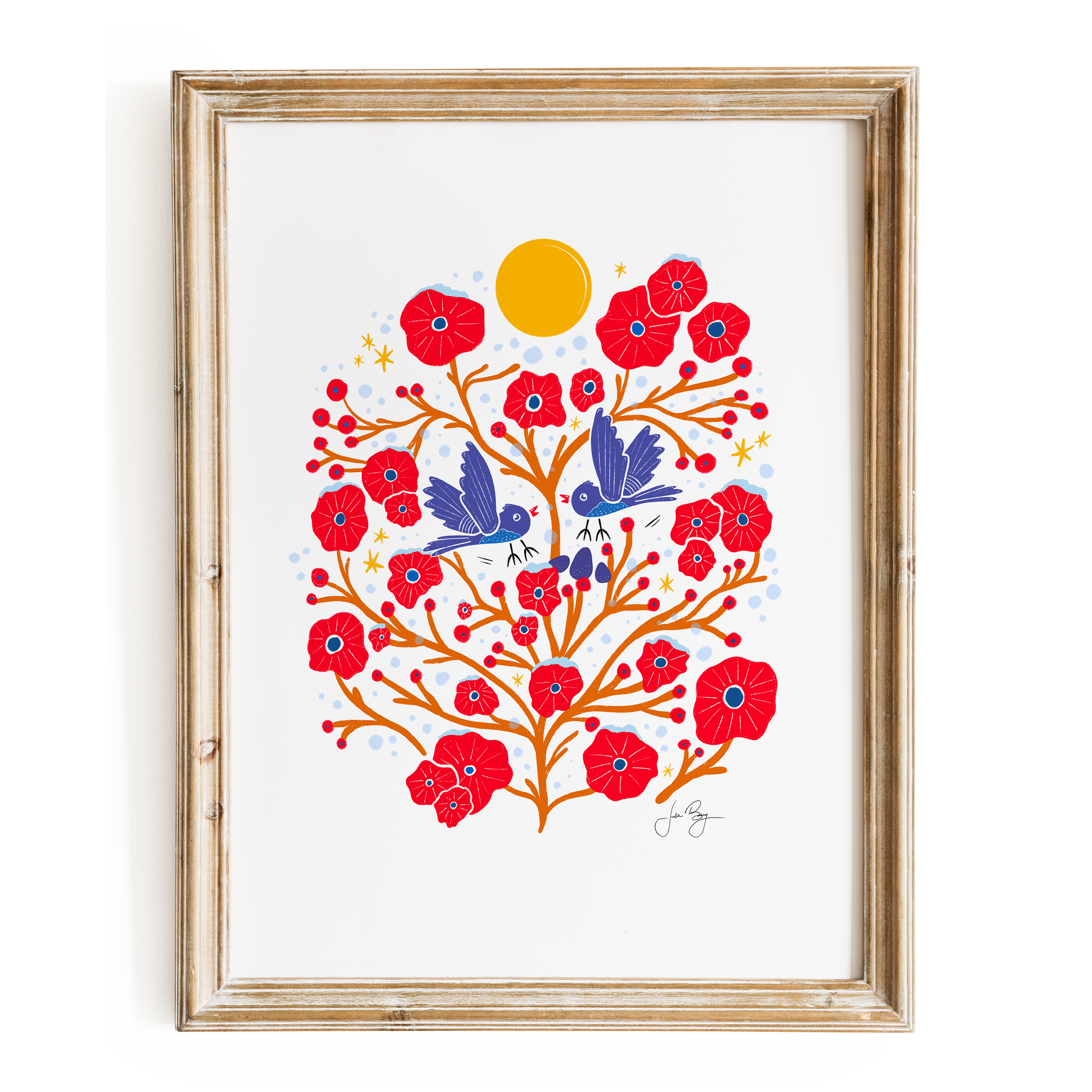 "Two Flying Birds" Hand-Drawn Eco-Art Print 12x18" (Assorted Colors)