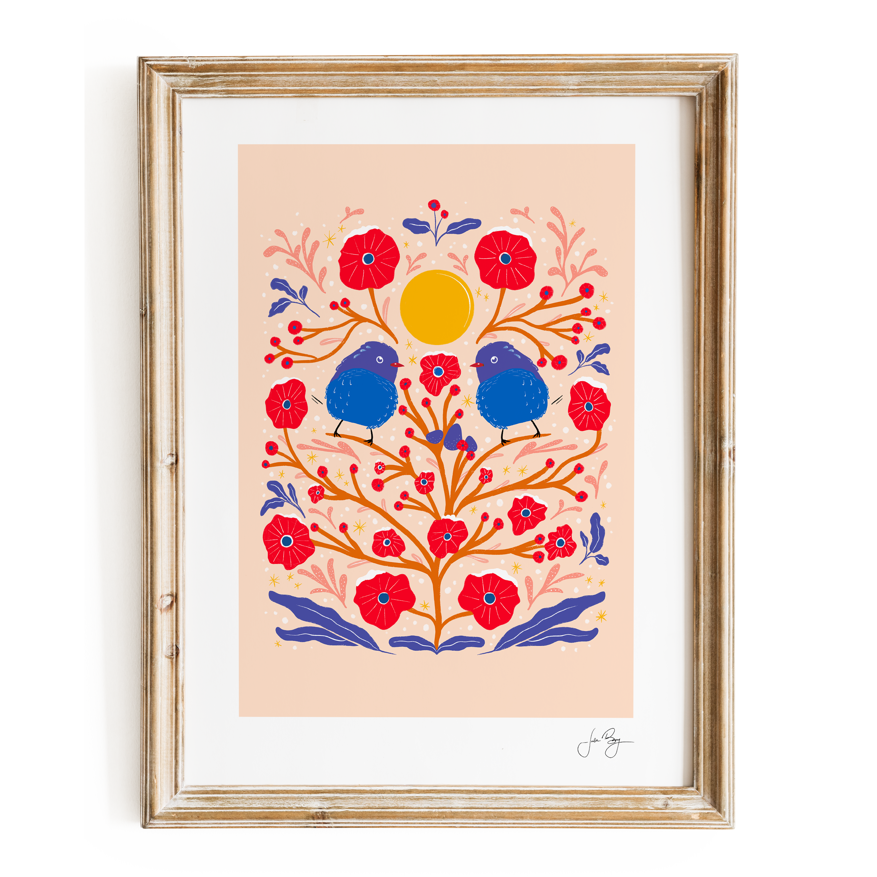 "Two Fuzzy Birds"  Hand-Drawn Eco-Art Print 12x18" (Assorted Colors)