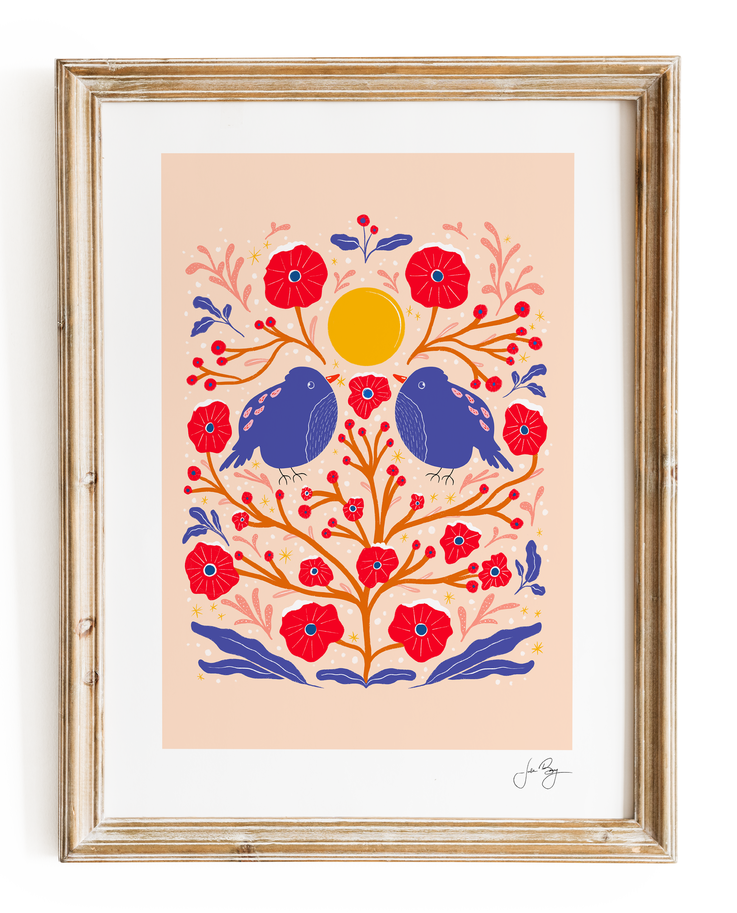 "Two Birds in the Bush" Hand-Drawn Eco-Art Print 12x18" (Assorted Colors)