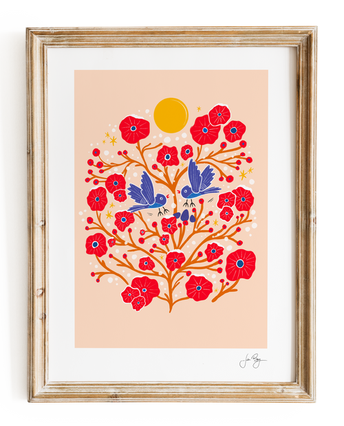 "Two Flying Birds" Hand-Drawn Eco-Art Print 12x18" (Assorted Colors)