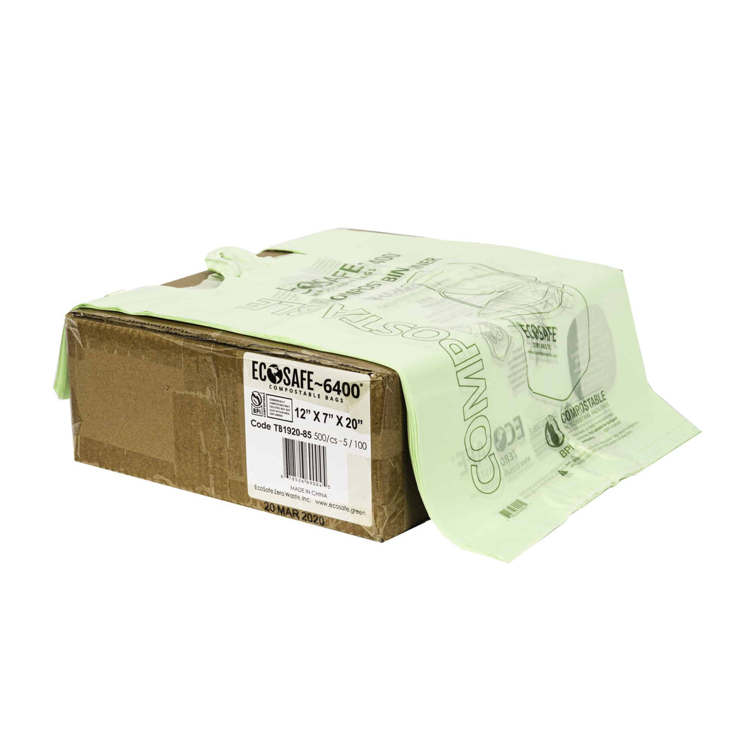 EcoSafe Zero Waste Compostable Shopping Bag with Handles, 12 × 7 × 20 in, 0.85 mil, 15 lb Capacity (QTY 500), SKU TB1920-85