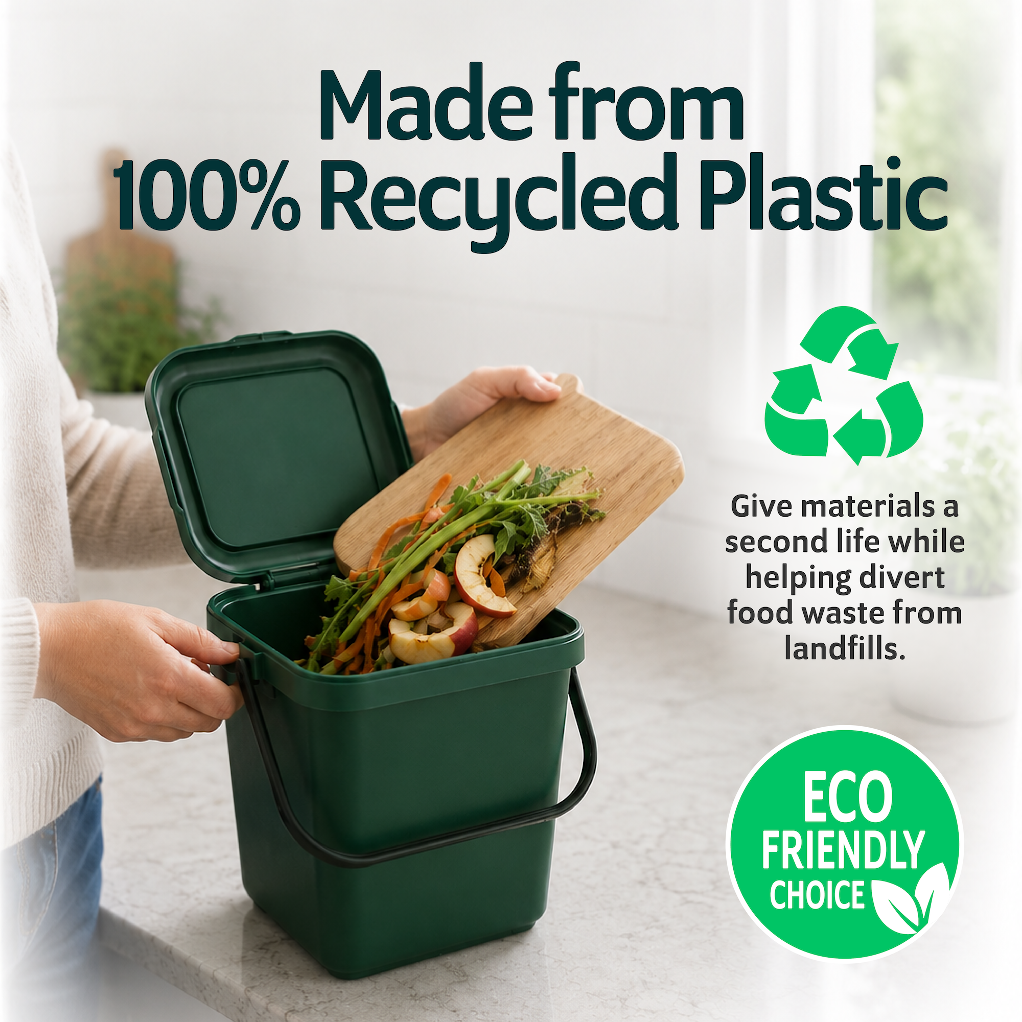 EcoSafe 2.5-Gallon Kitchen Caddy, Eco-Friendly Compost Container, Small Food Waste Bin for Food Scraps and Trash (QTY 1), SKU KCGRN