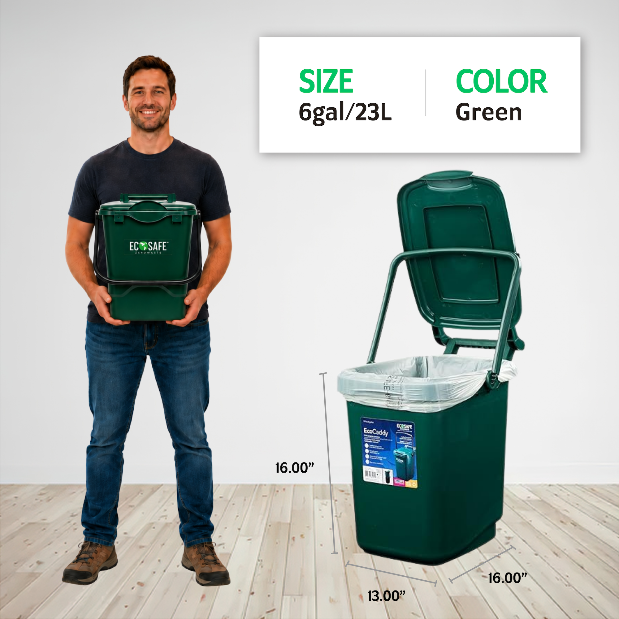 [OOS Until July 2026] EcoSafe EcoCaddy 6-Gallon Compost Bin, Eco-Friendly Kitchen Trash, Food Waste Under Counter Bin (QTY 1), SKU ECGRN