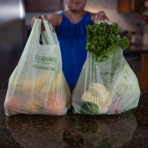 EcoSafe Zero Waste Compostable Shopping Bag with Handles, 12 × 7 × 20 in, 0.85 mil, 15 lb Capacity (QTY 500), SKU TB1920-85