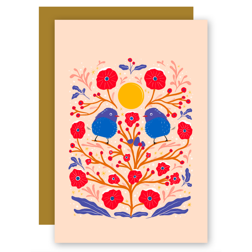 "Fuzzy Birds in the Bush" Adorable Greeting Cards with Fluffy Pair + Matching Envelope - Assorted (Winter Wishes / Words of Love)