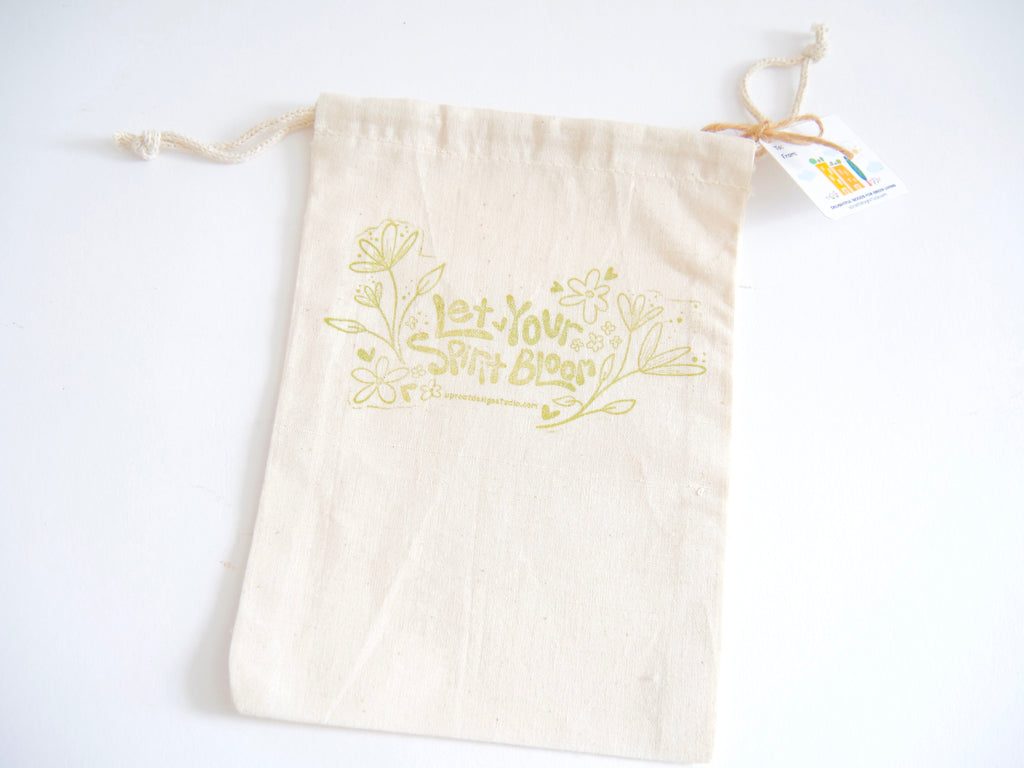 Fabric Gift Bag: UpRoot 100% Organic Cotton Double Cinch Fabric Gift Bags "Let Your Spirit Bloom" Stamp in Aqua, Black or Green
