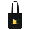 Green Cities 100% Organic Cotton Grocery Black Tote Bag w. Colorful Apartment Buildings, Rooftop Garden, Sun, Tree & Flowers