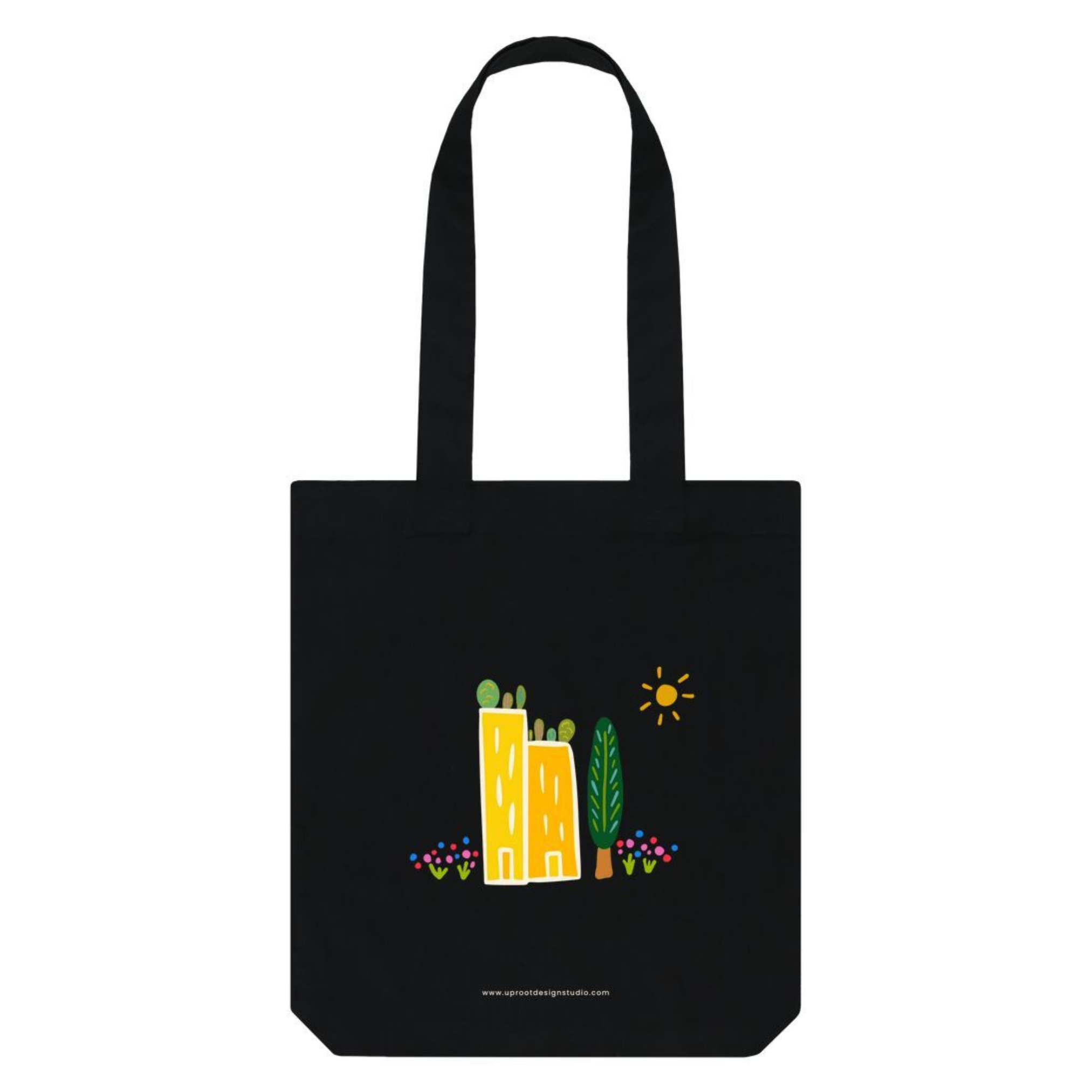 Green Cities 100% Organic Cotton Grocery Black Tote Bag w. Colorful Apartment Buildings, Rooftop Garden, Sun, Tree & Flowers