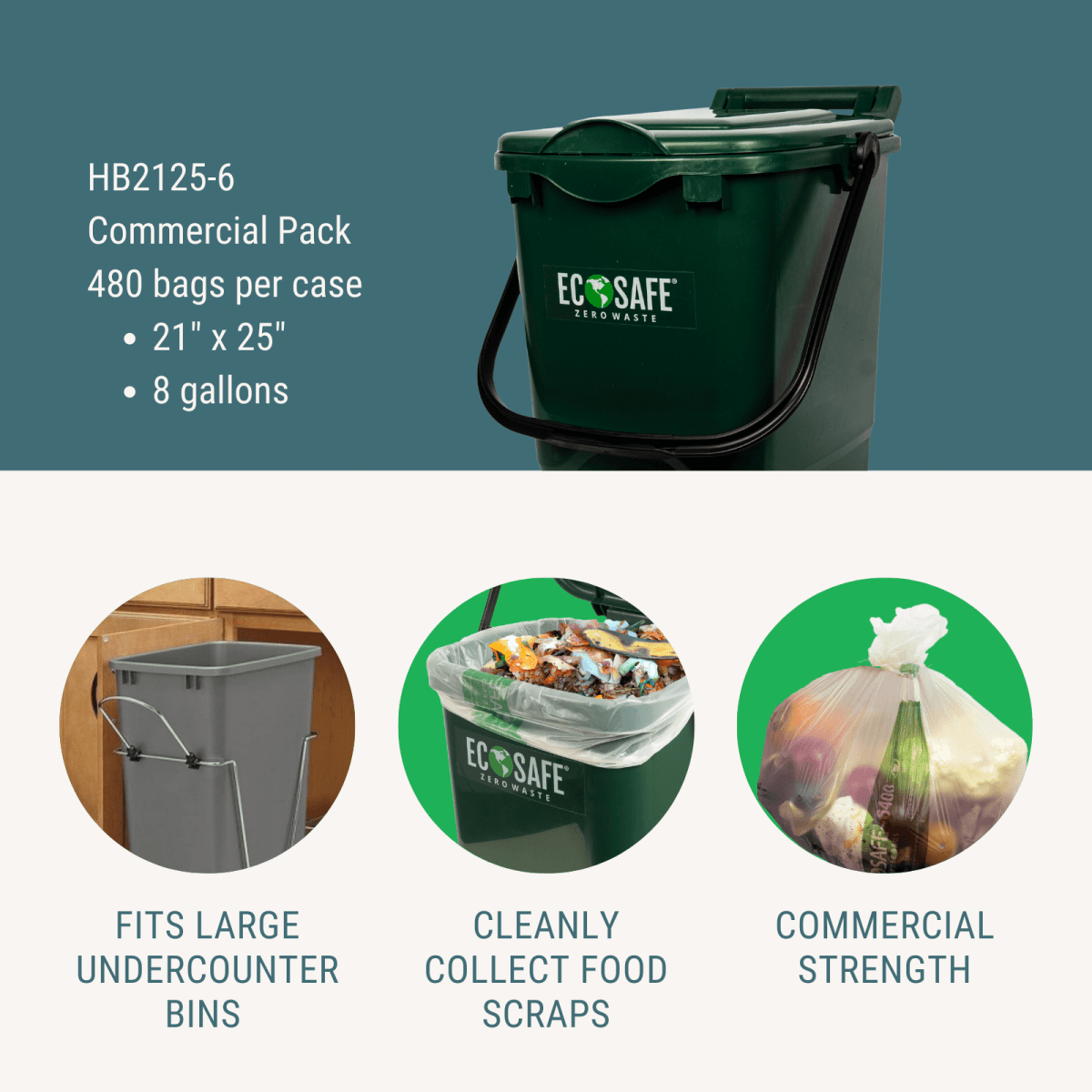 EcoSafe 8 Gal Compostable Bag/Liner - 21X25 Convenience (1-Roll Pack, QTY:12)