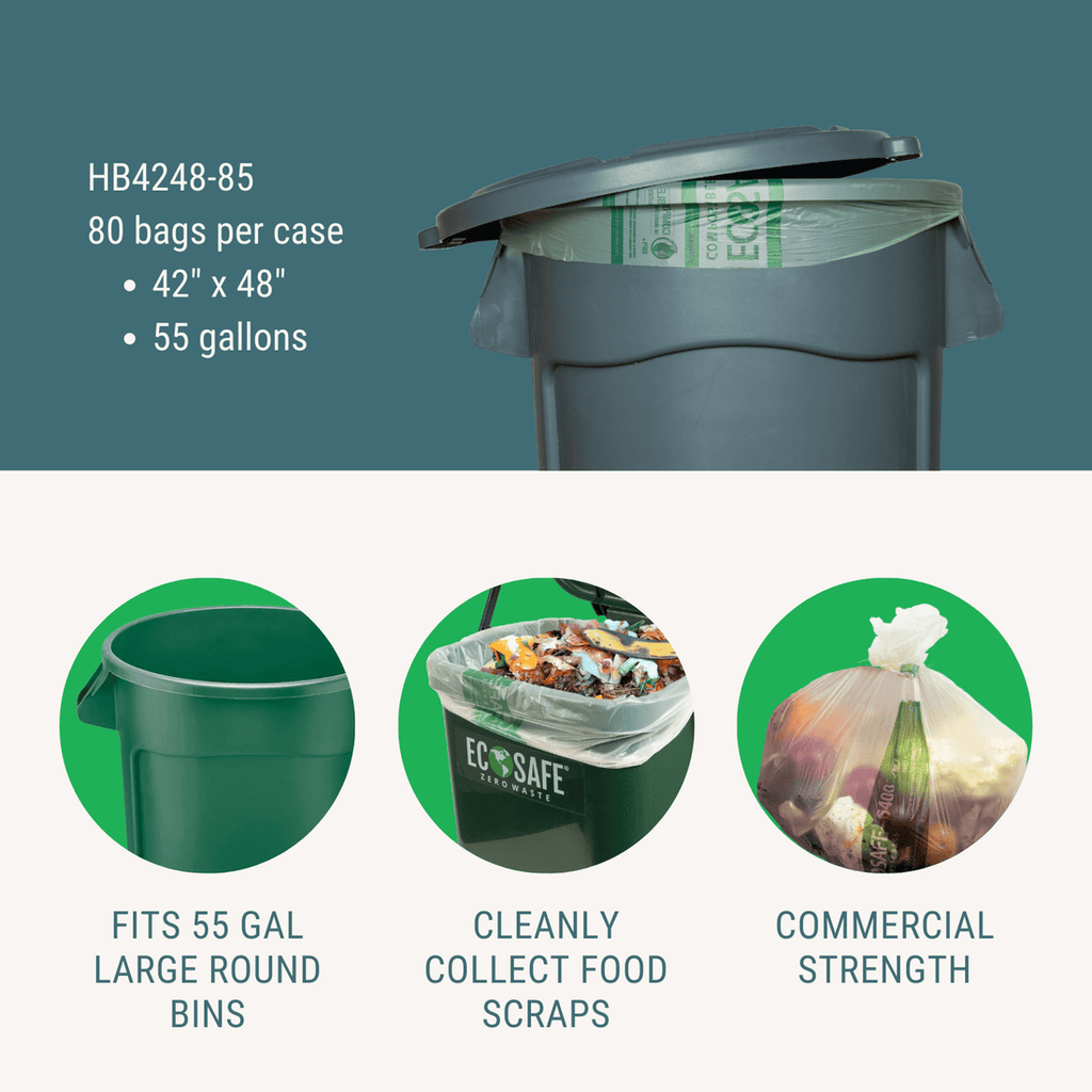 EcoSafe Zero Waste 55 Gallon Compostable Bags 42x48 for Brute & Max-R Bins (QTY 80), BPI Certified, SKU HB4248-85