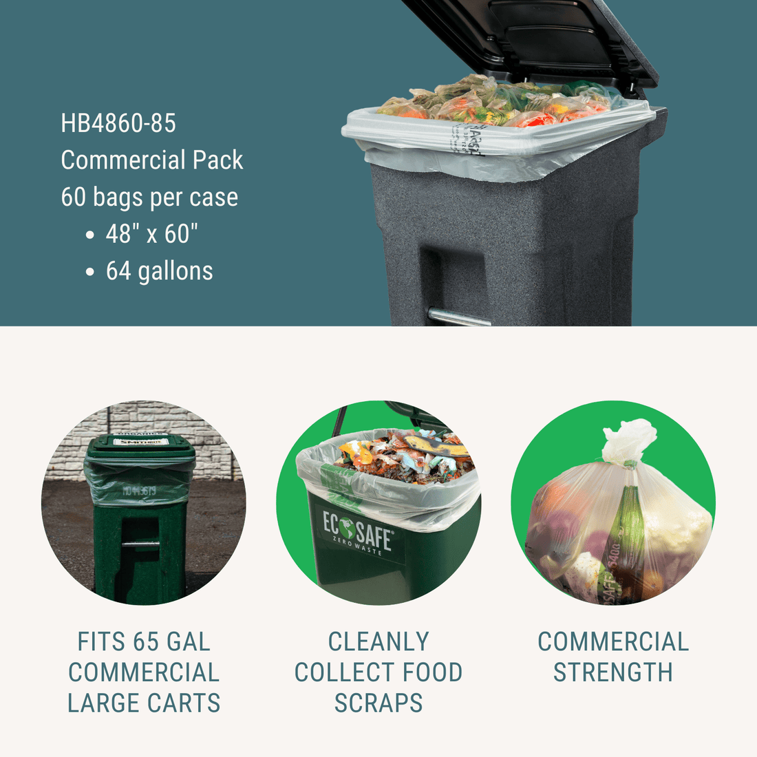 EcoSafe Zero Waste 64 Gallon Compostable Bags 48x60" (QTY 60), SKU HB4860-85