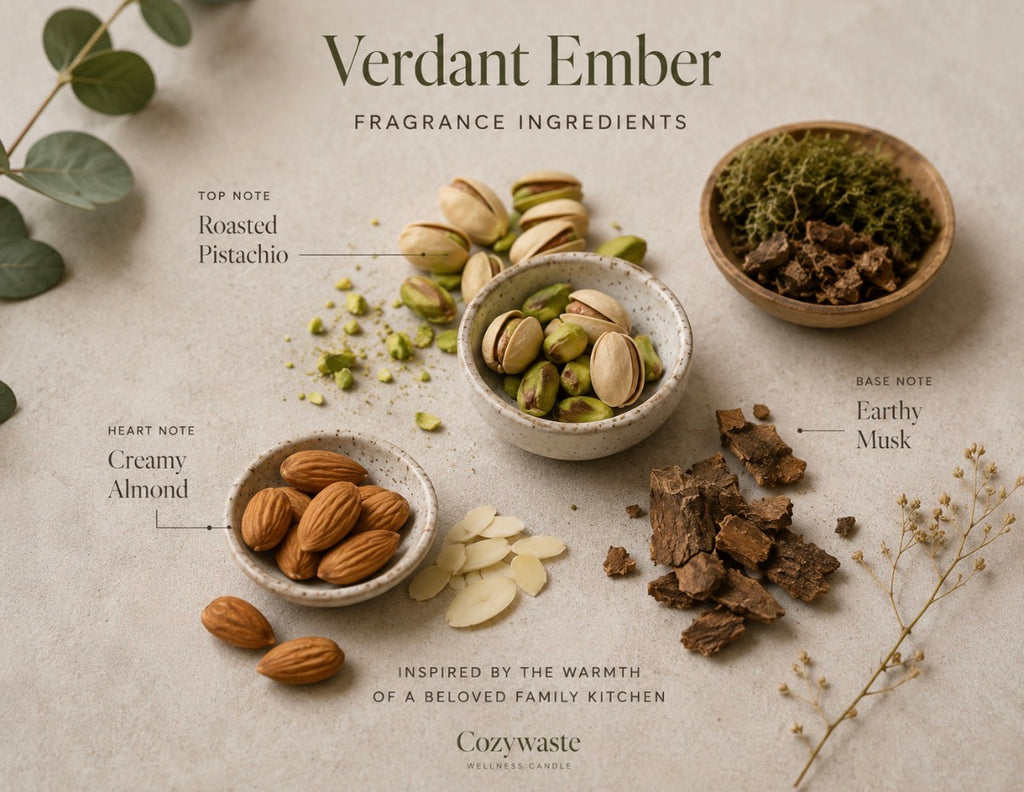 Verdant Ember Wellness Candle | Luxury Pistachio & Almond Cream Candle | Cozywaste