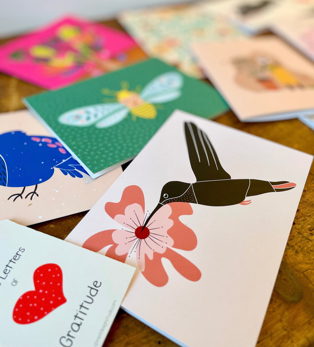 Eco Recycled 4x6 Greeting Cards w. Hand-Drawn Art + Recycled Envelopes, Blank inside - Assorted (Words of Love)