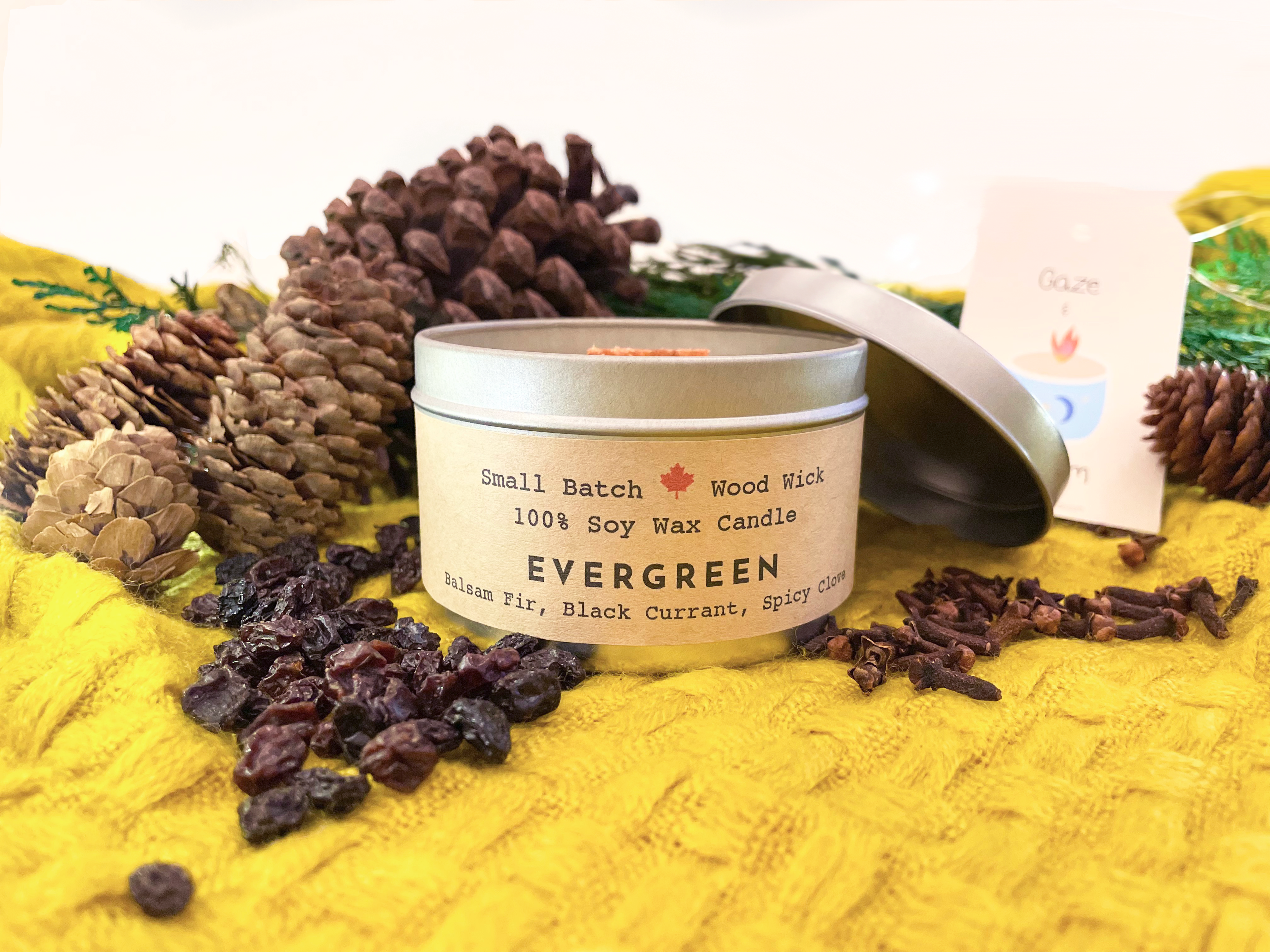 Shine On Candle Relaxation Set: "Evergreen" Candle (Balsam Fir, Black Currant + Spicy Clove), Meditation Card + Mindfulness Journal