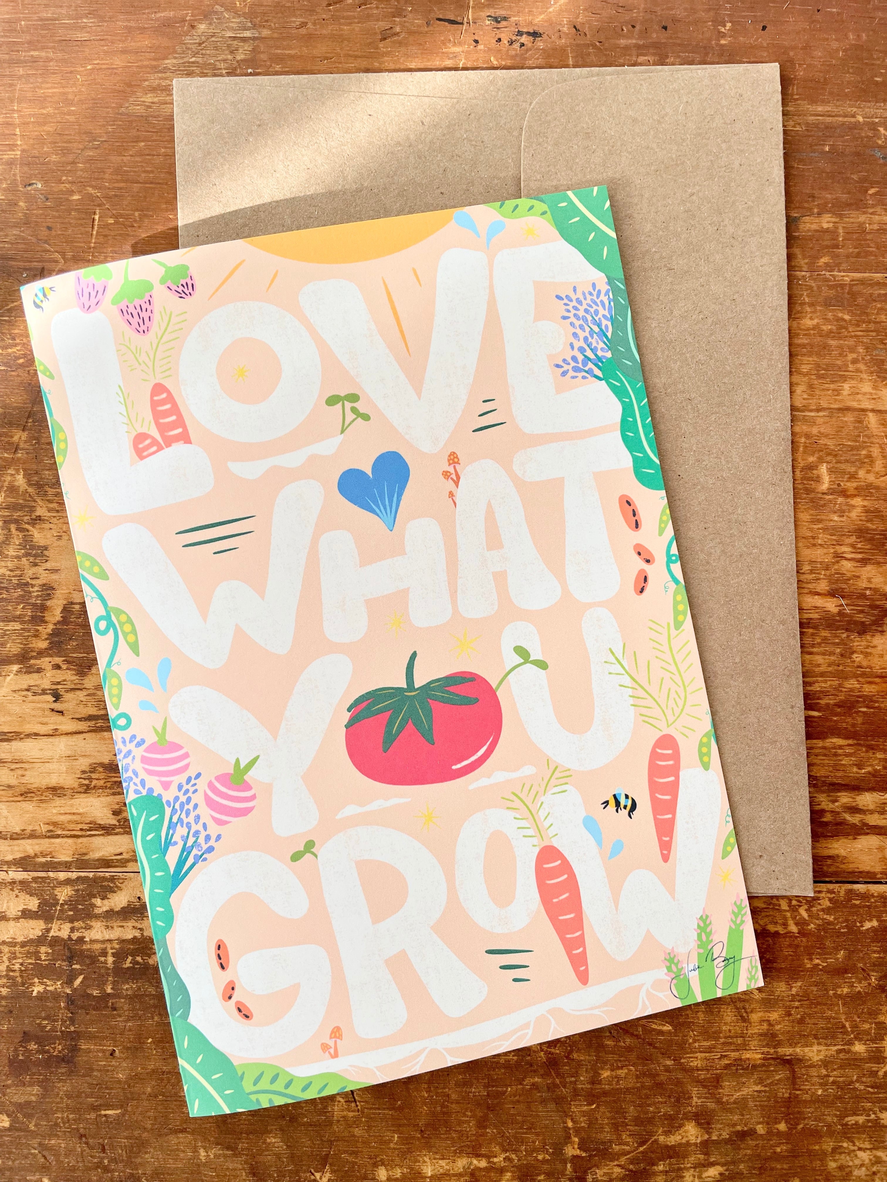 "Love What You Grow" Eco Recycled Greeting Card w. Hand-Drawn Art w. Vegetables, Fruit, Bees & Sun + Recycled Envelope, Blank inside (Grow & Bloom)