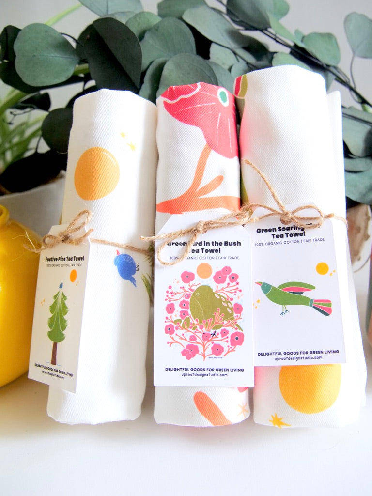 100% Organic Cotton "Grow & Bloom" Kitchen Tea Towels w. Hand-drawn Adorable Art (Assorted)