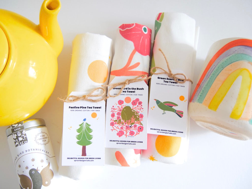 100% Organic Cotton "Soaring Birds" Kitchen Tea Towels w. Hand-drawn Adorable Art - Assorted (Tea Time/Winter Forest)