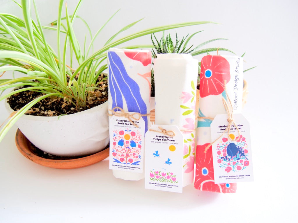 100% Organic Cotton "Grow & Bloom" Kitchen Tea Towels w. Hand-drawn Adorable Art (Assorted)