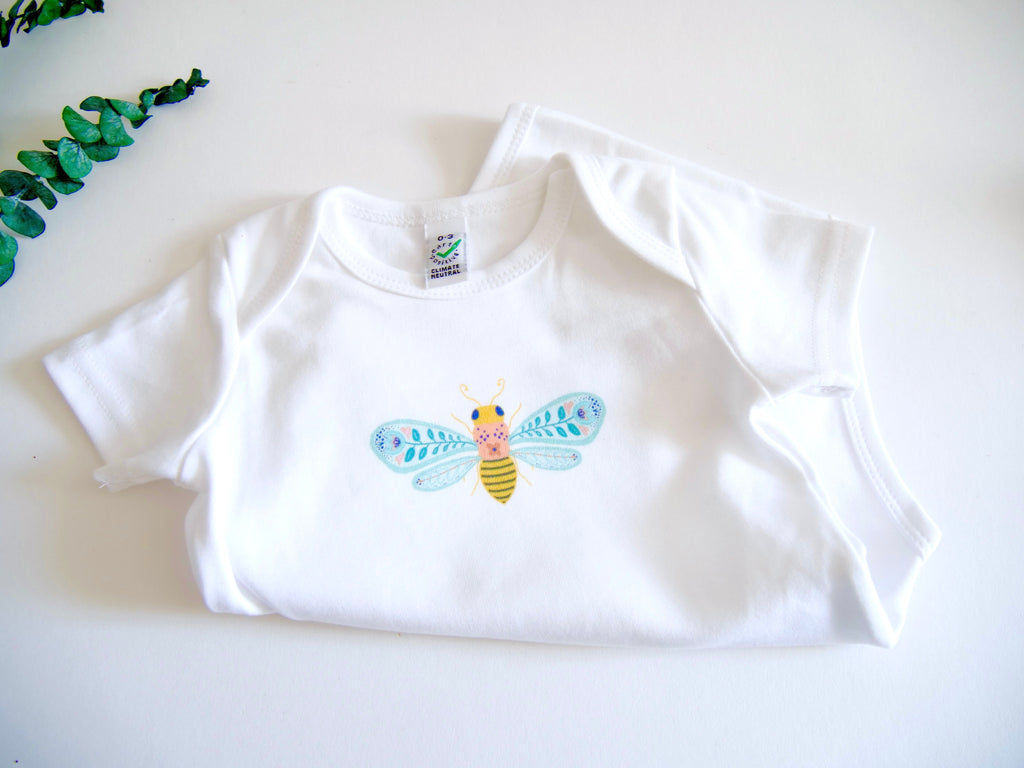 Folk Art Bee Organic Onesie - on White (Celebrate Pollinators)
