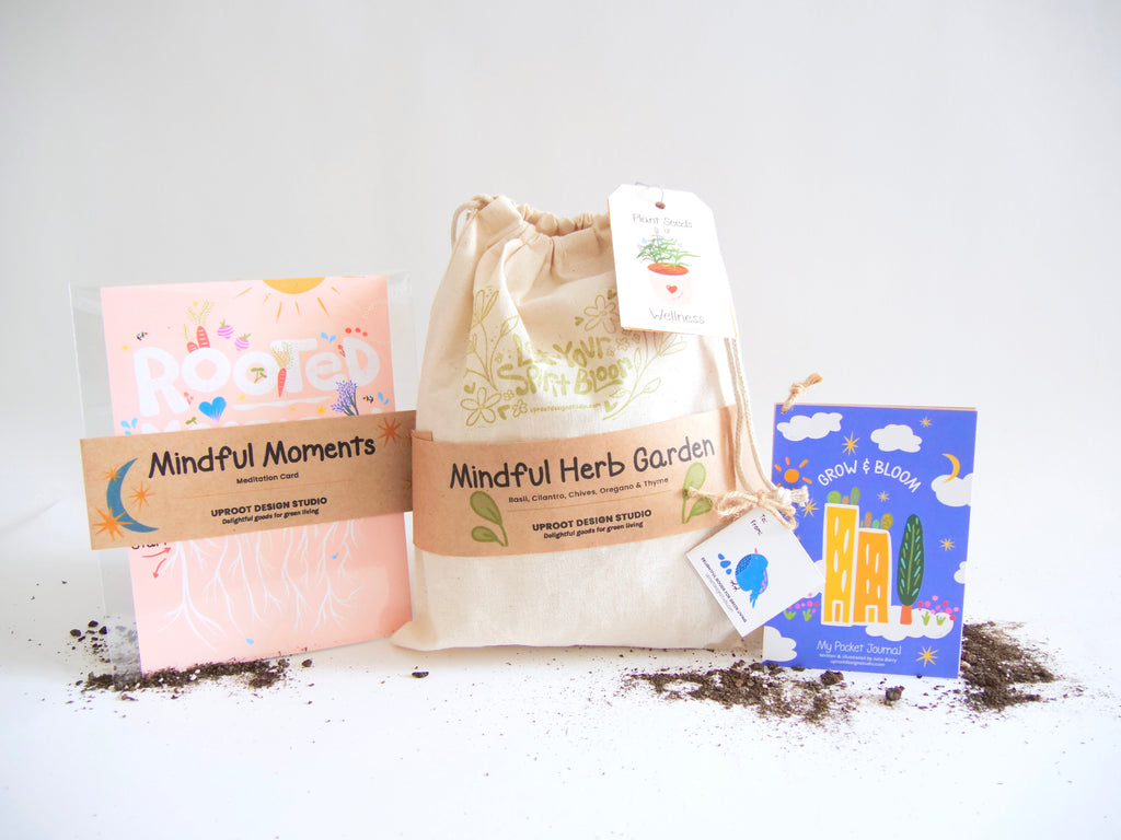 Fabric Gift Bag: UpRoot 100% Organic Cotton Double Cinch Fabric Gift Bags "Let Your Spirit Bloom" Stamp in Aqua, Black or Green